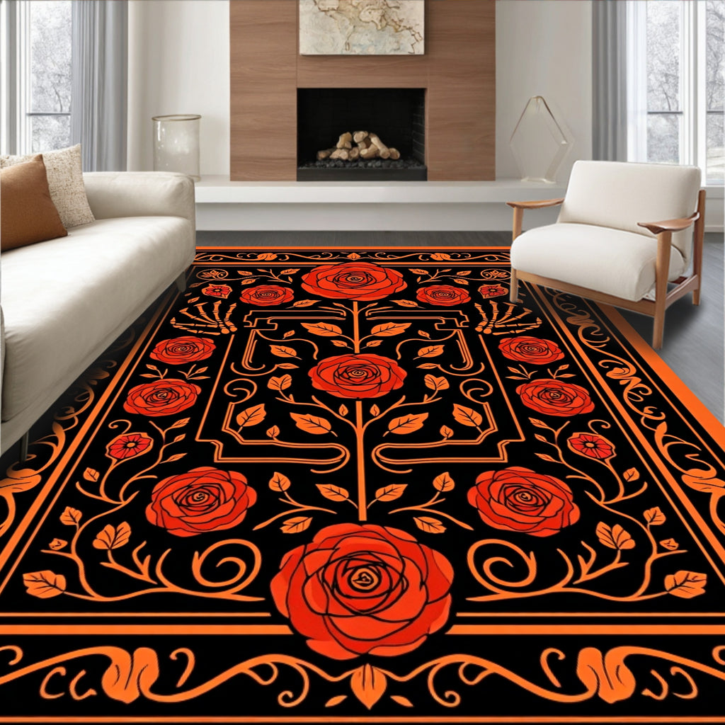 Orange Black Rose Skeleton Garden Rug