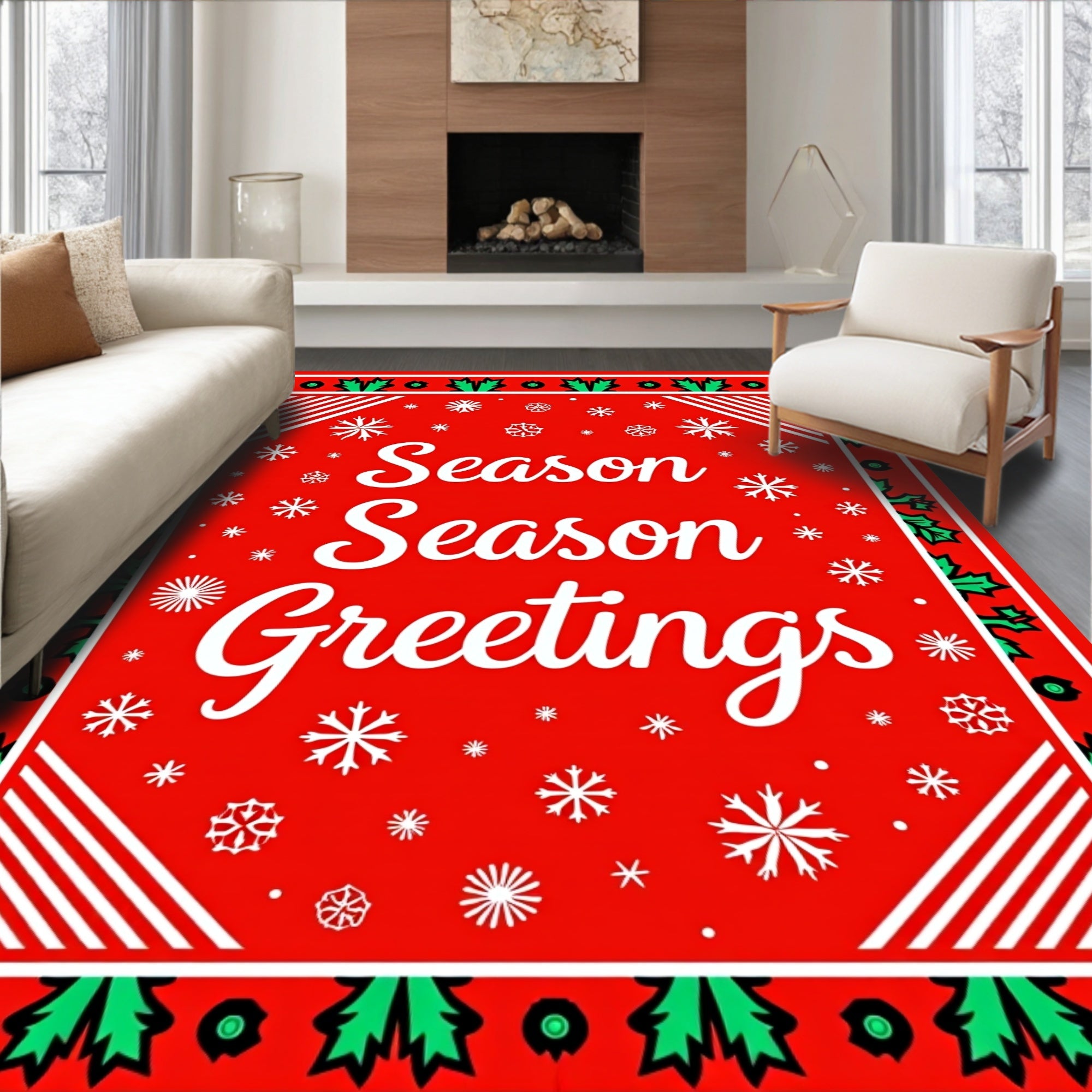 Red Snowflakes Holly Border Rug