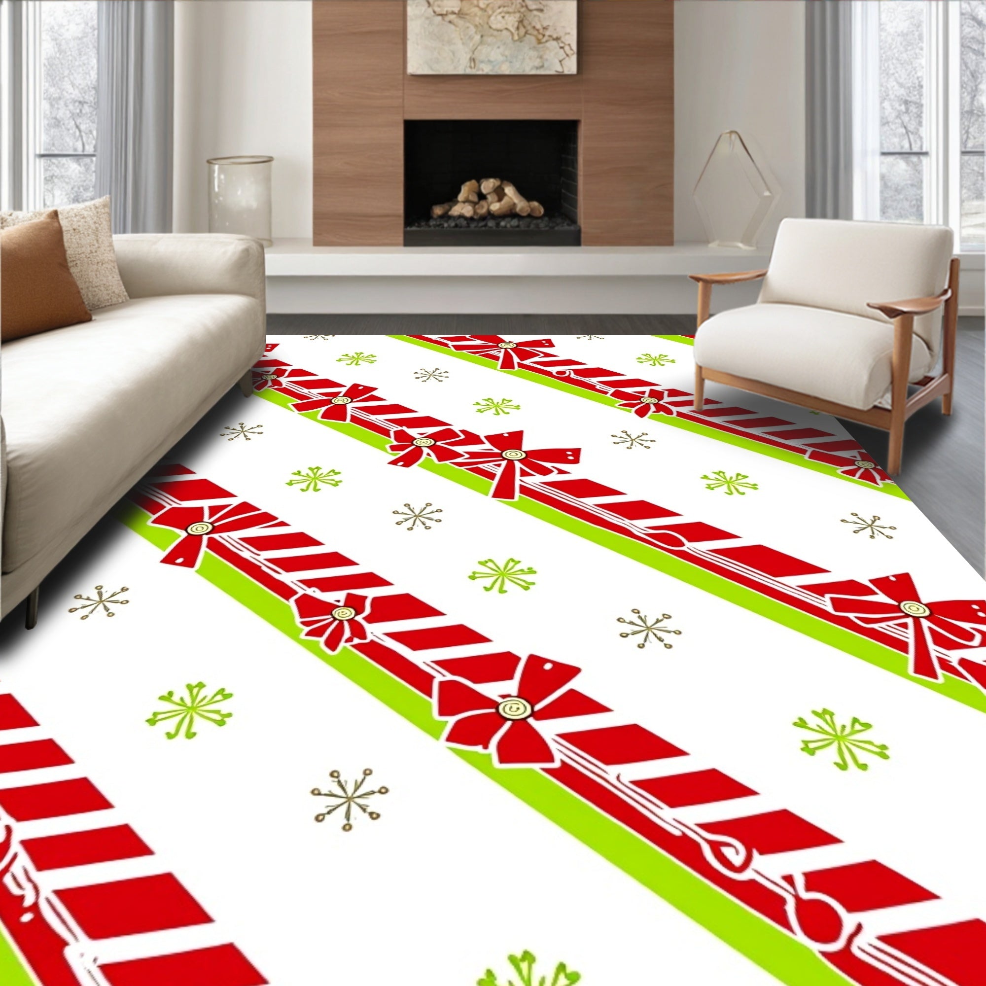 Red Green Striped Ribbon Bow Snowflakes Rug