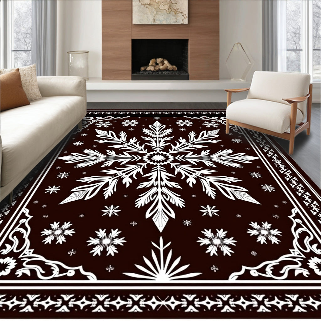 Dark Brown White Floral Snowflake Rug