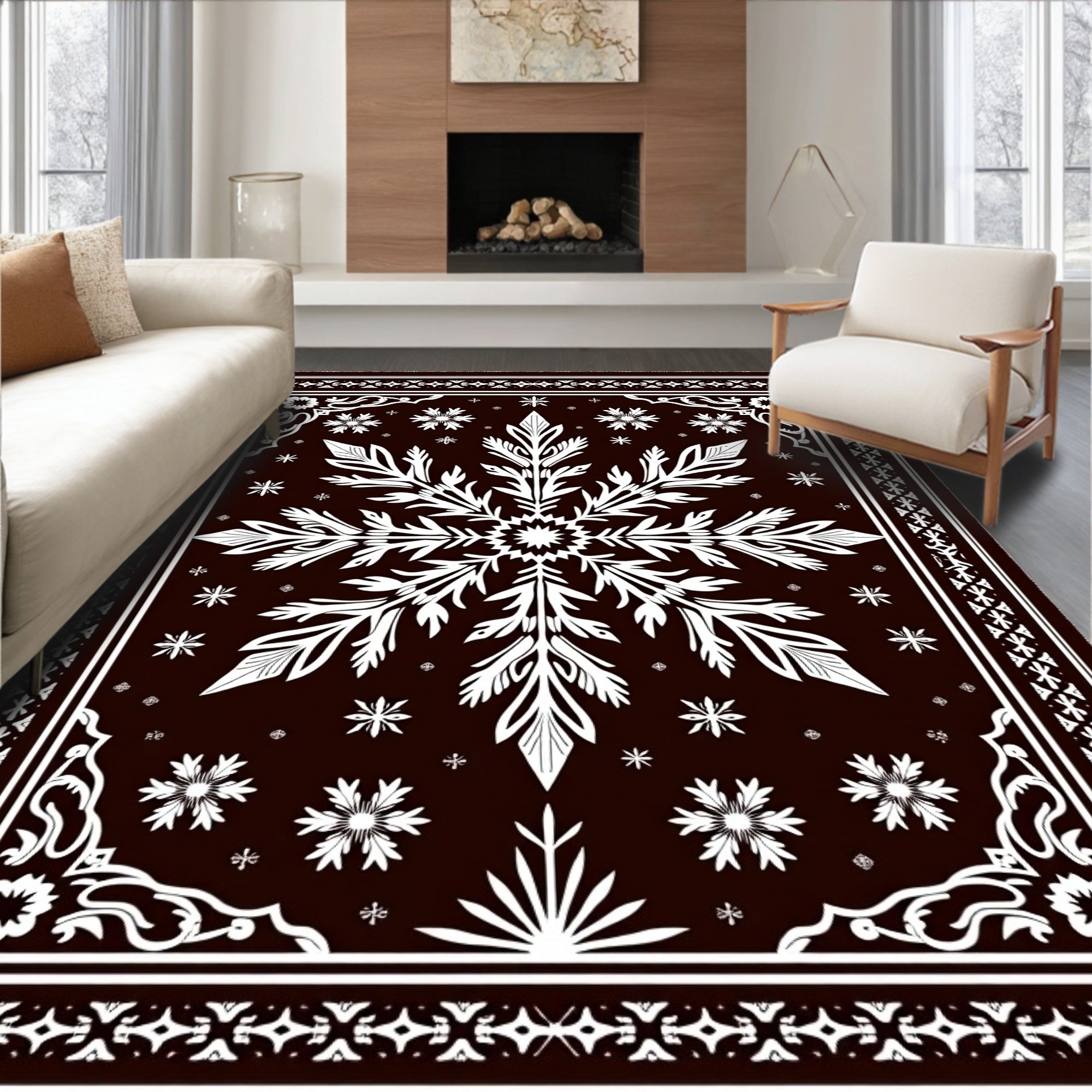 Dark Brown White Floral Snowflake Rug