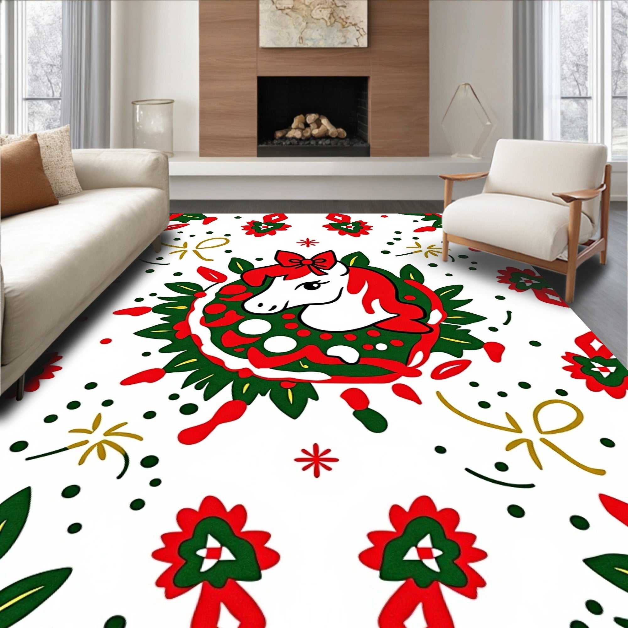 Festive Unicorn Wreath Red Green Gold Rug