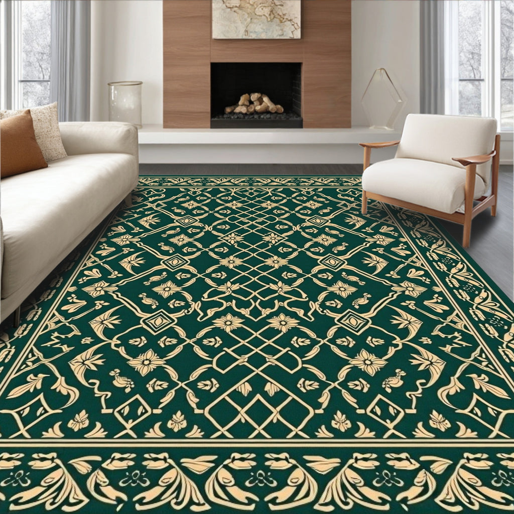 Forest Green Cream Floral Lattice Rug