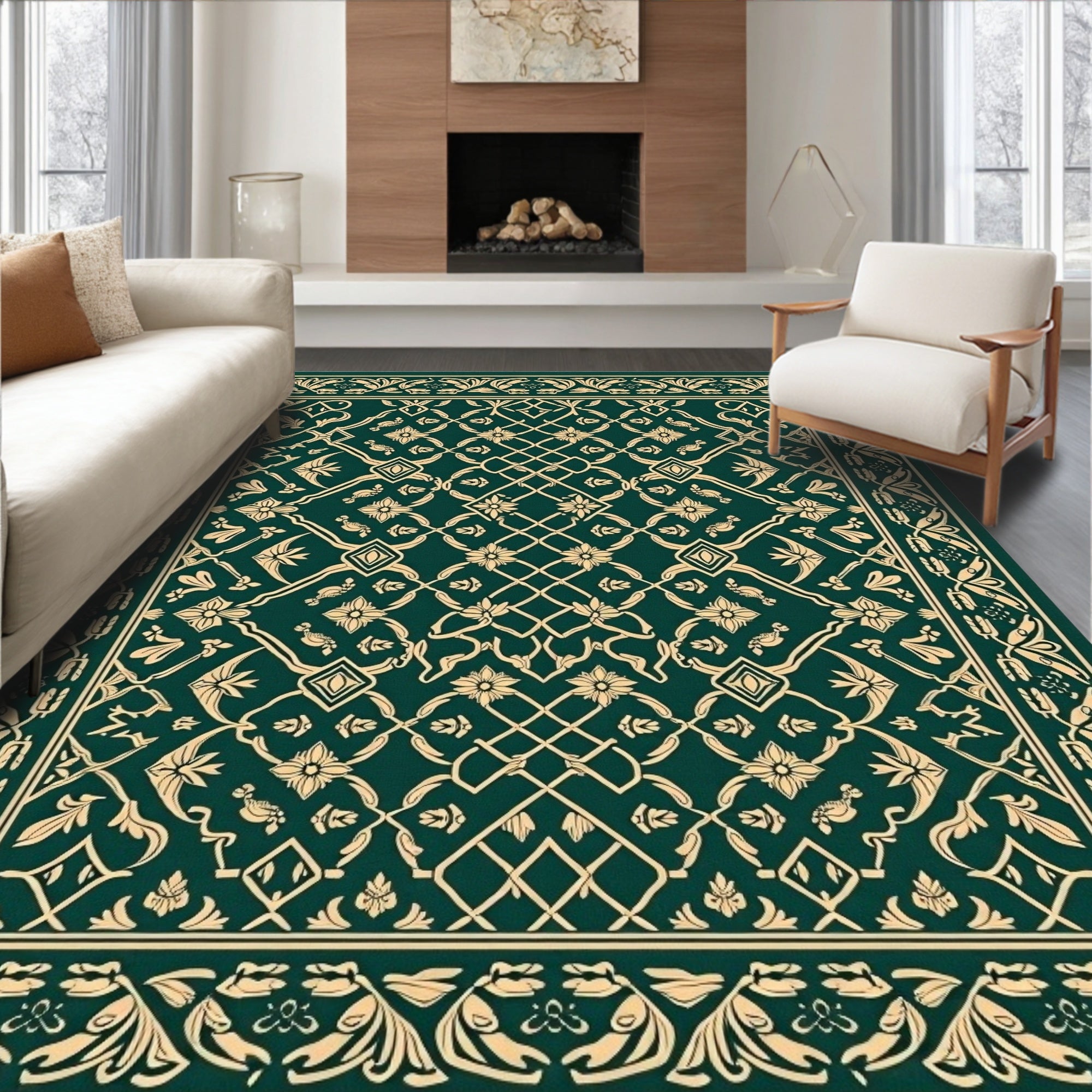 Forest Green Cream Floral Lattice Rug