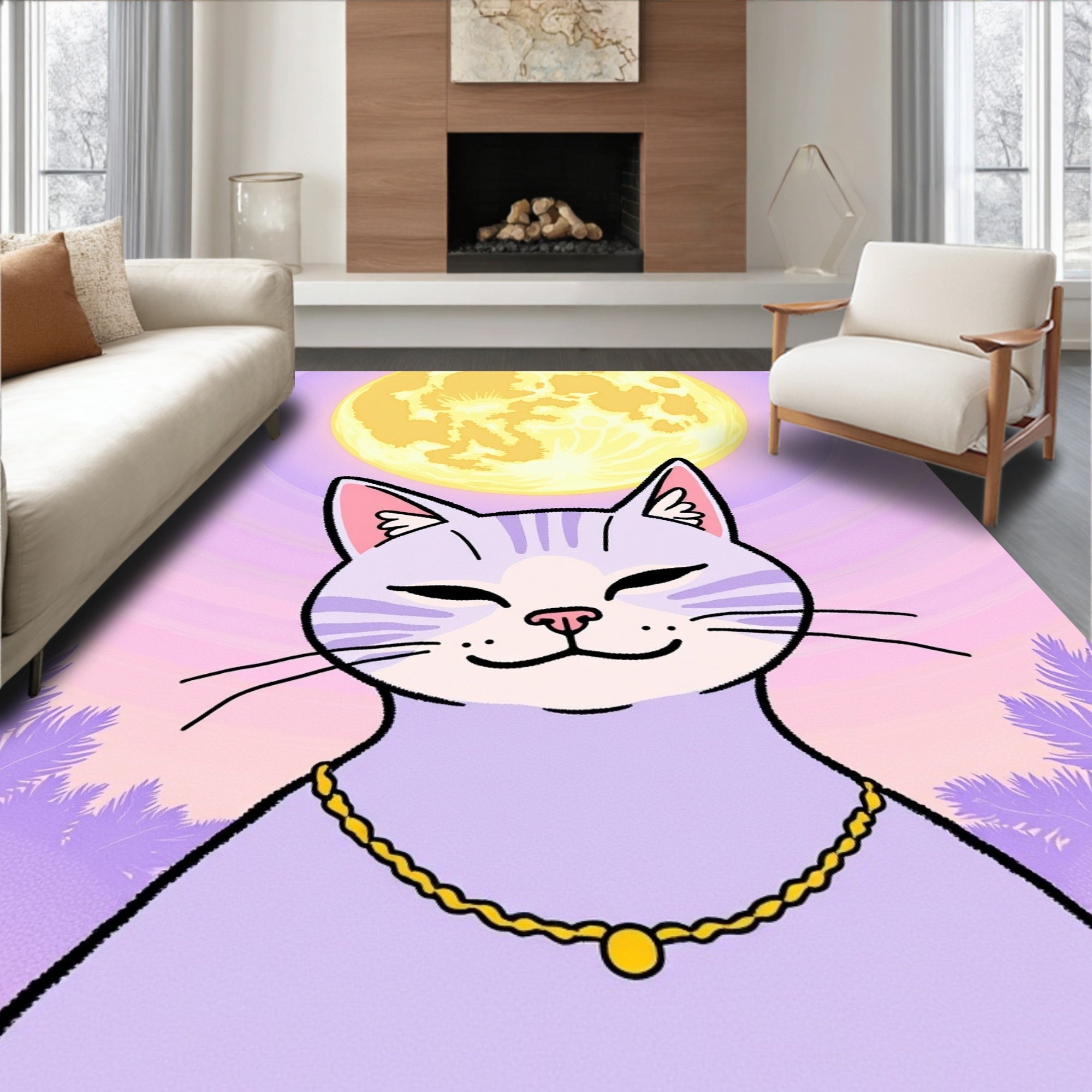 Whimsical Lilac Cat Moonlit Night Rug