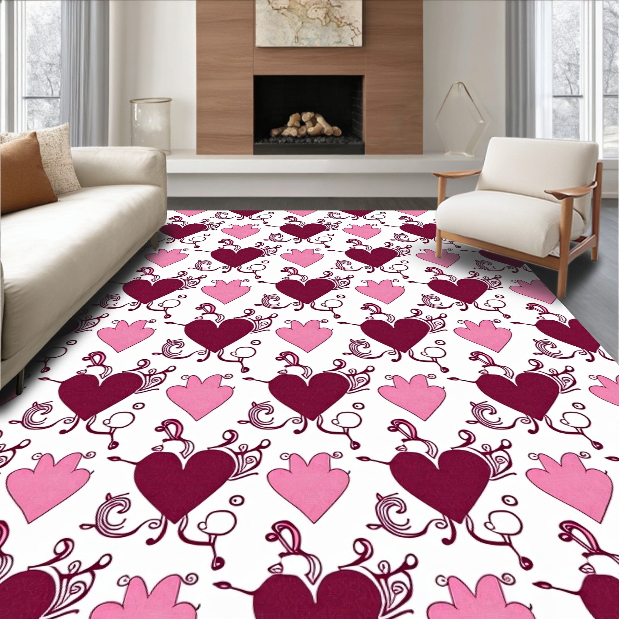 Crimson Pink Heart Flourish Arrangement Rug