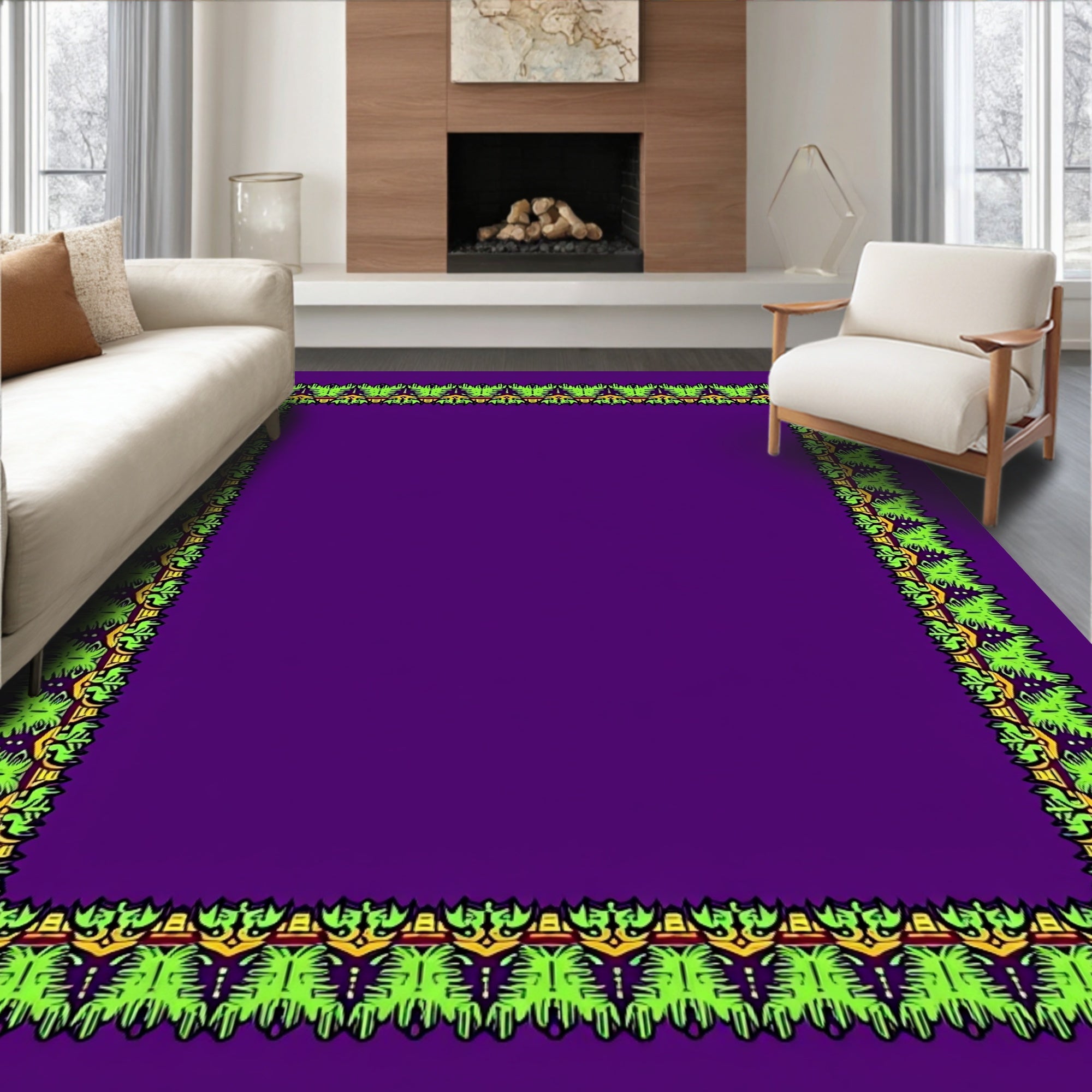 Electric Green Floral Scroll Border Rug