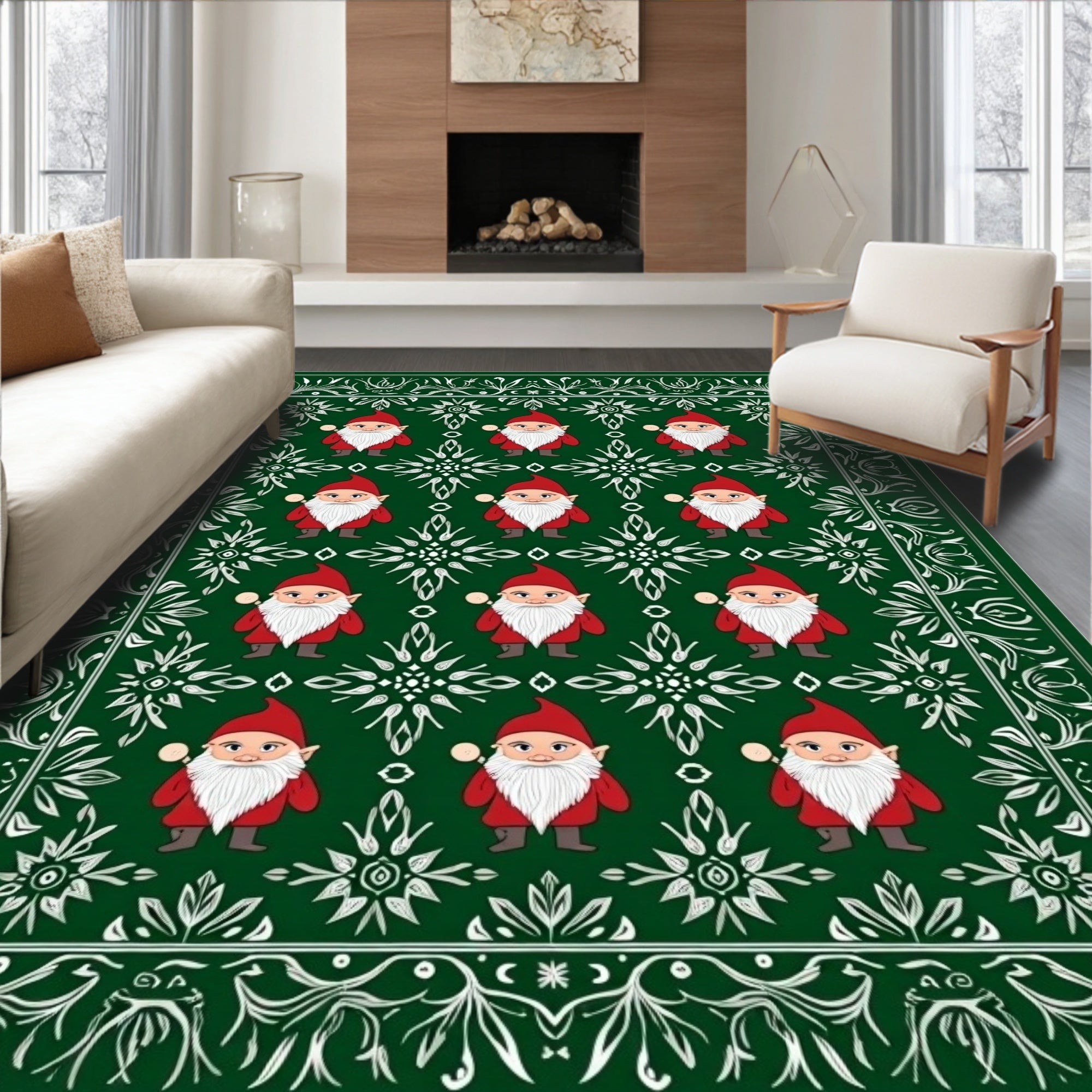 Green Gnome Red Hat Snowflake Medallion Rug