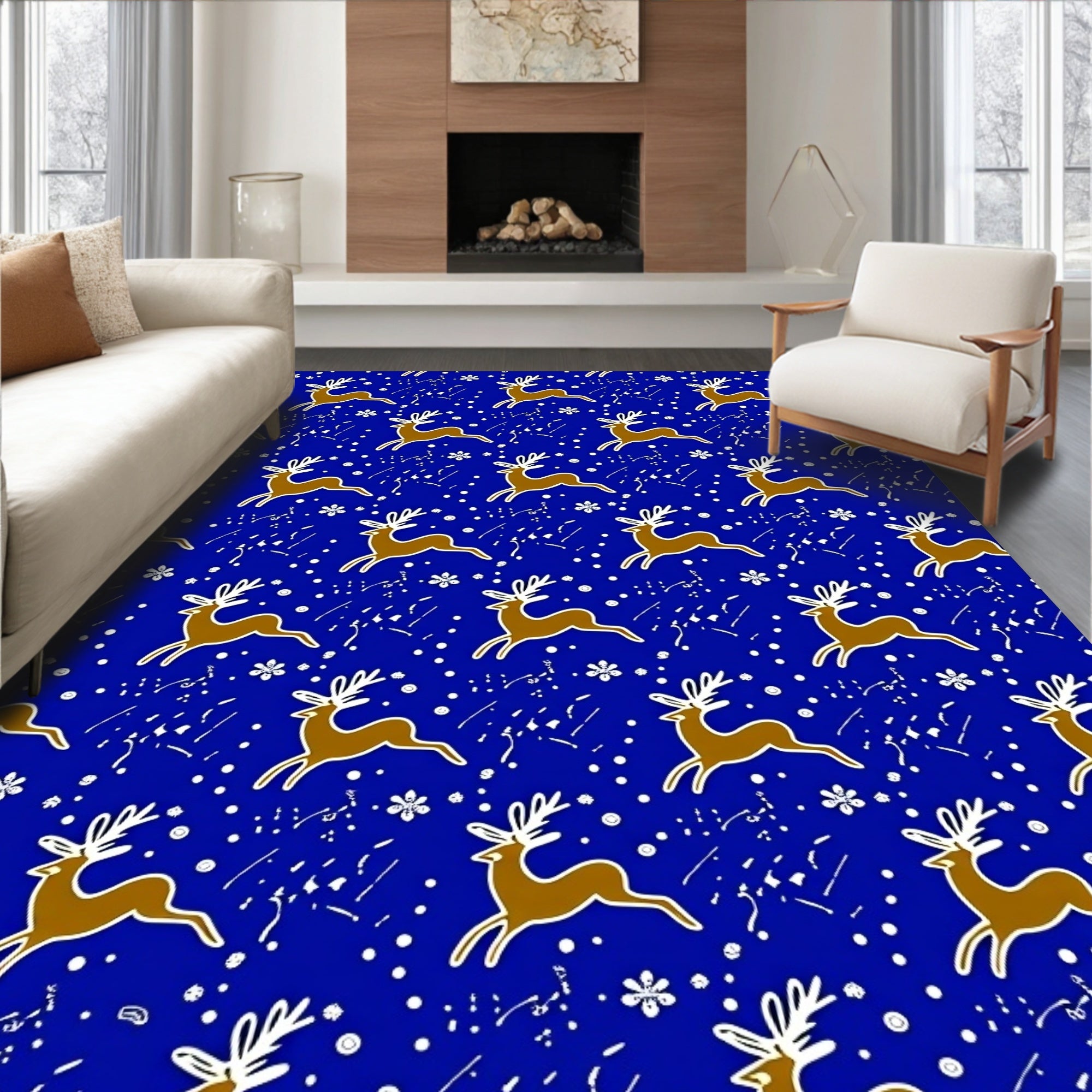 Brown Reindeer White Snowflakes Blue Field Rug