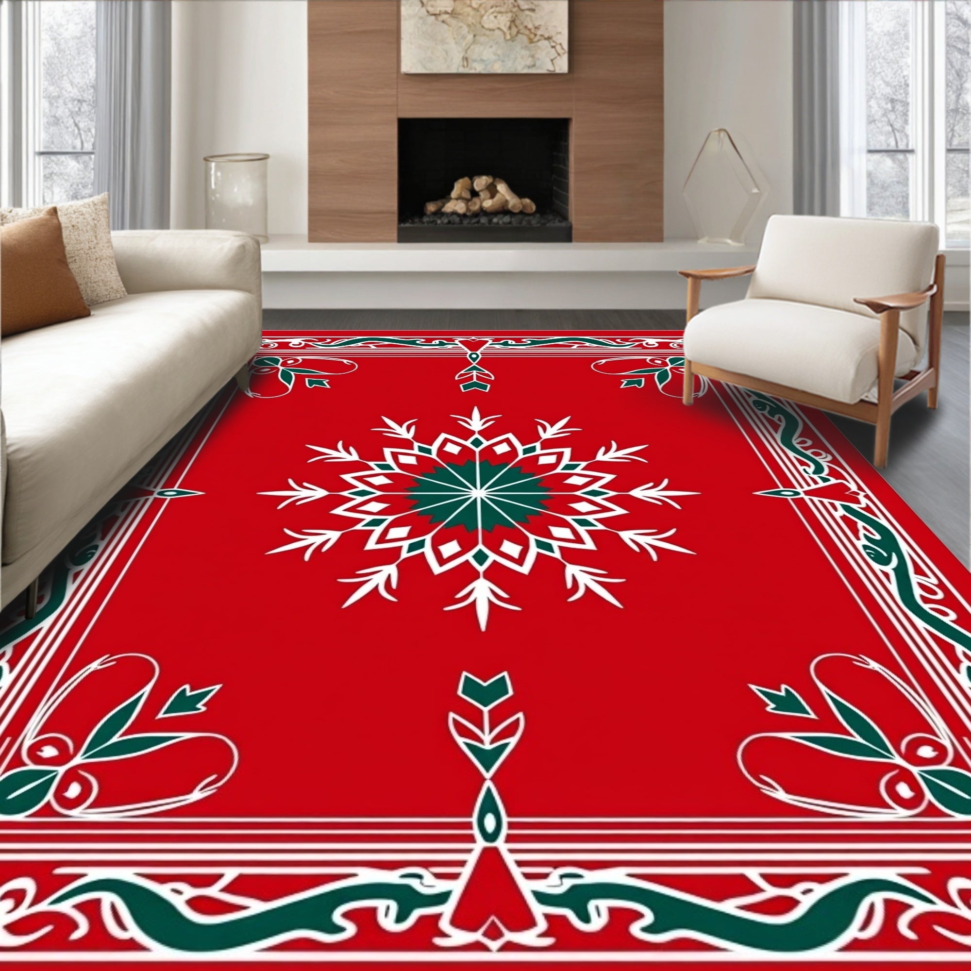 Red Snowflake Border With Green Accents Rug