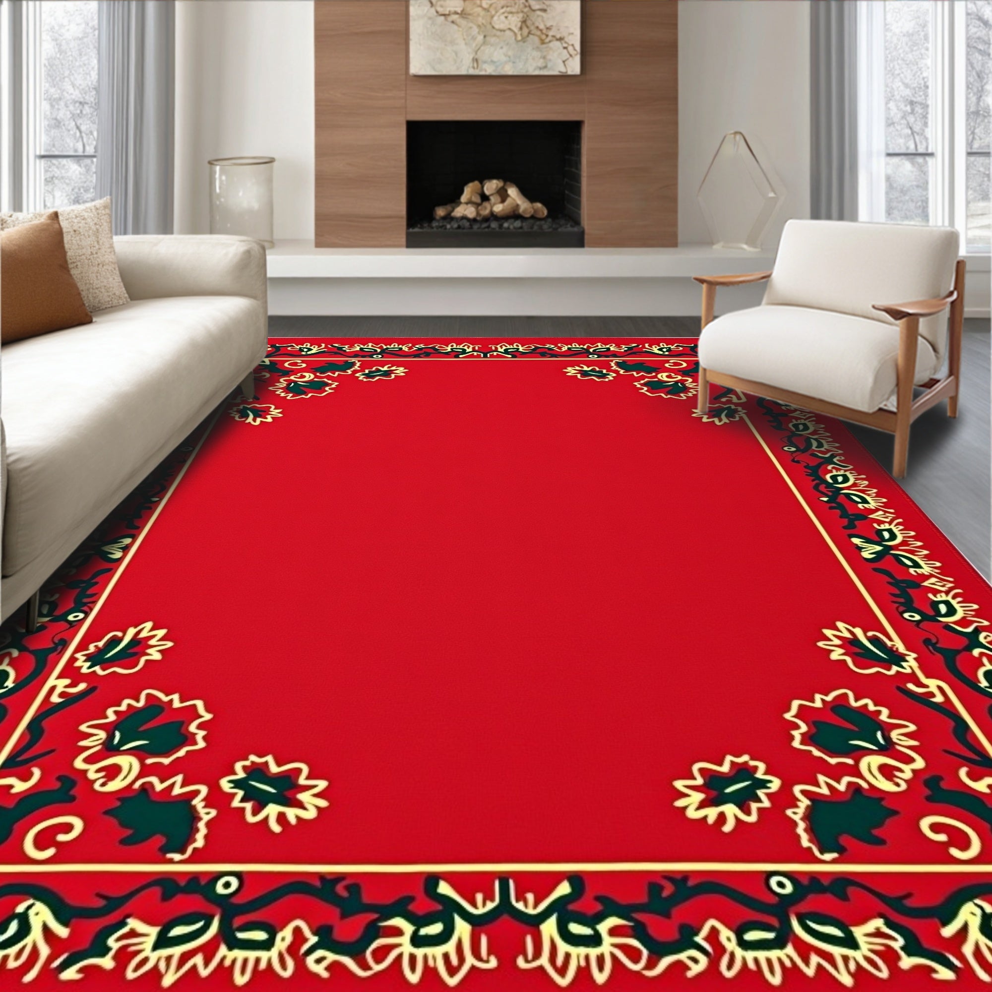 Crimson Floral Vine Frame Rug