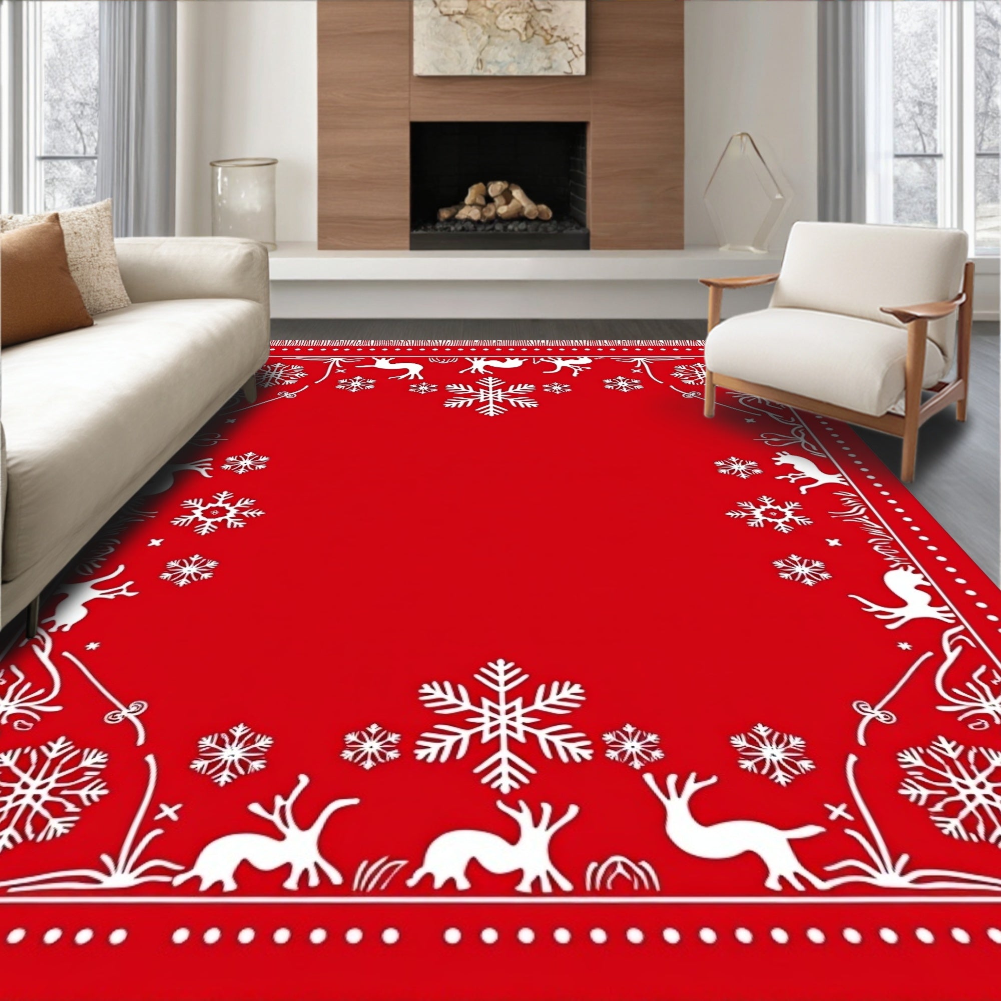Red White Reindeer Snowflake Festive Accents Rug