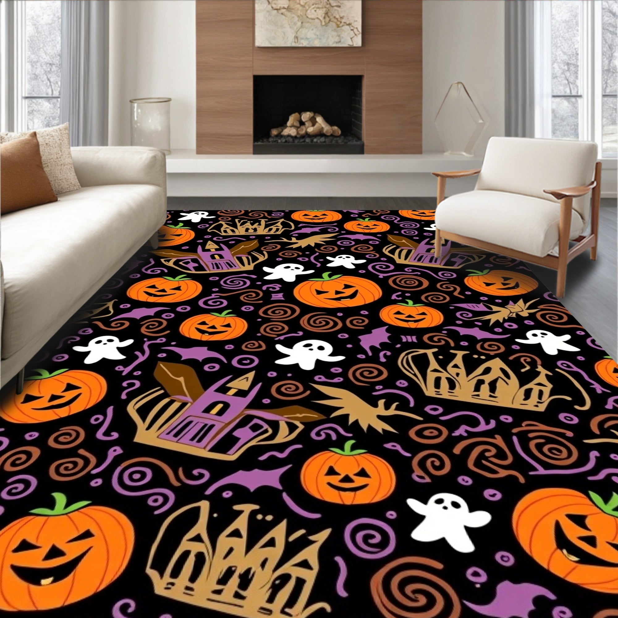 Spooky Orange Halloween Pumpkin Ghosts Rug