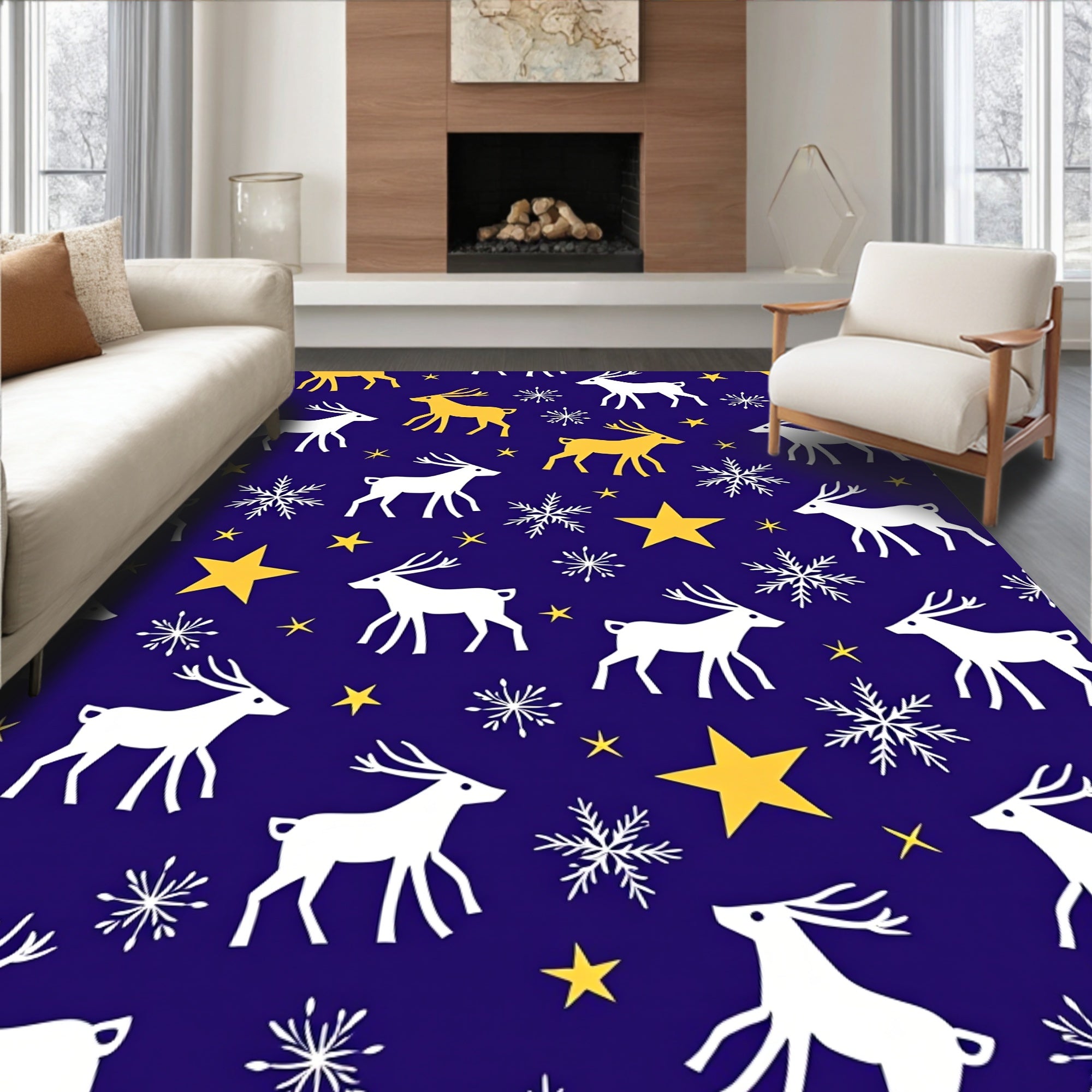 Midnight Blue Reindeer Snowflake Stars Rug