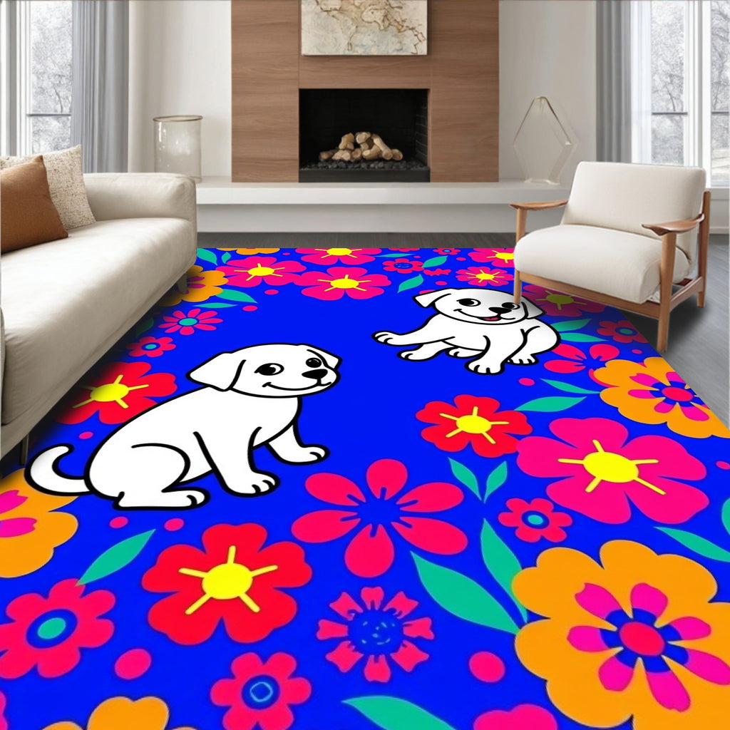 Cute Puppies Among Bright Floral Bloom Rug