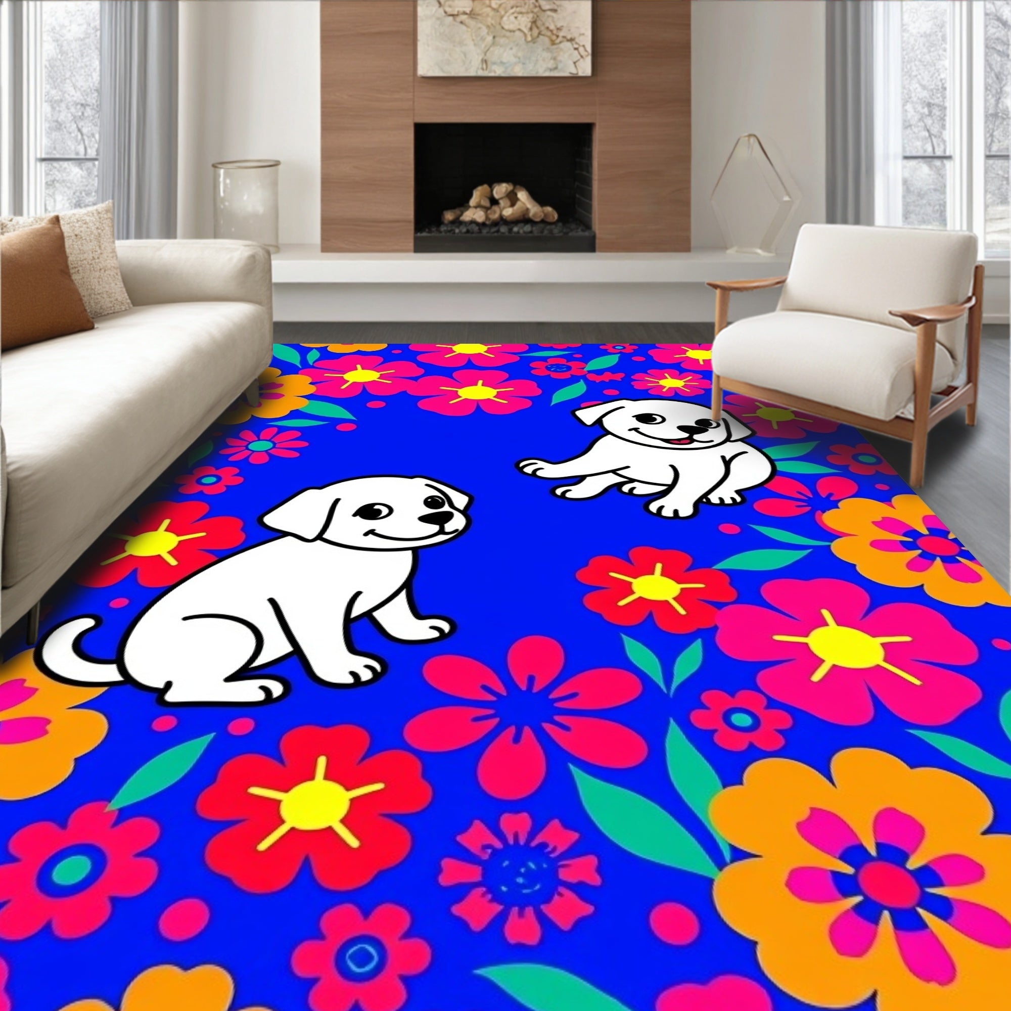 Cute Puppies Among Bright Floral Bloom Rug