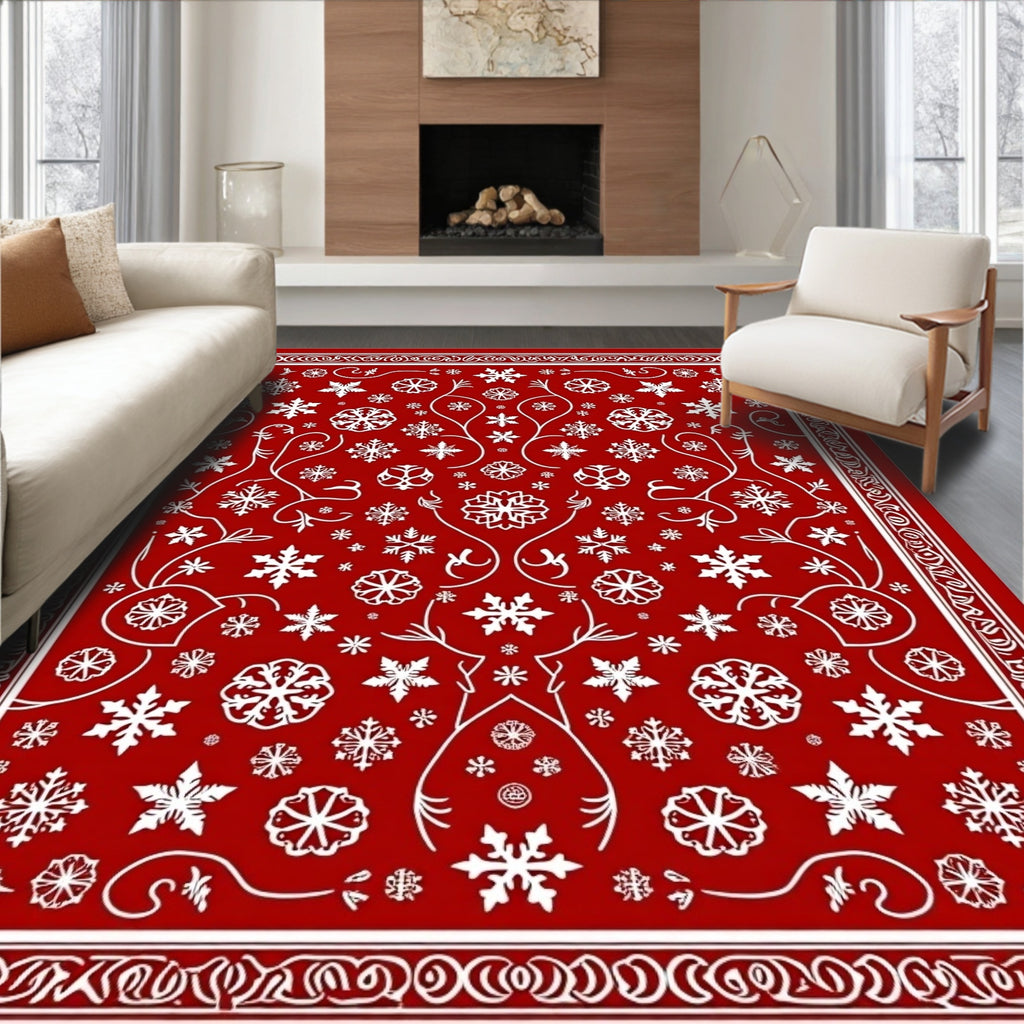 Red White Snowflake Scroll Medallion Rug