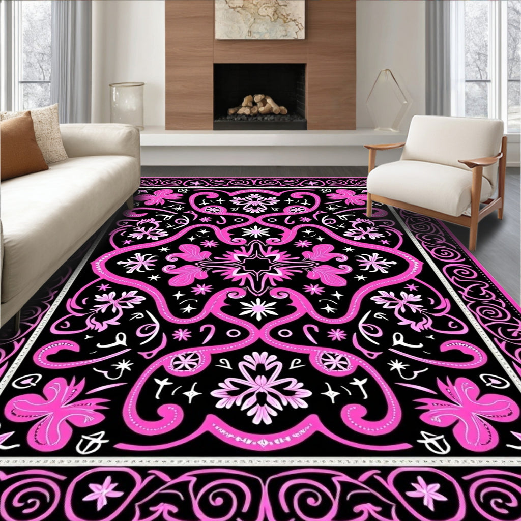 Bold Hot Pink Floral Swirl Border Rug