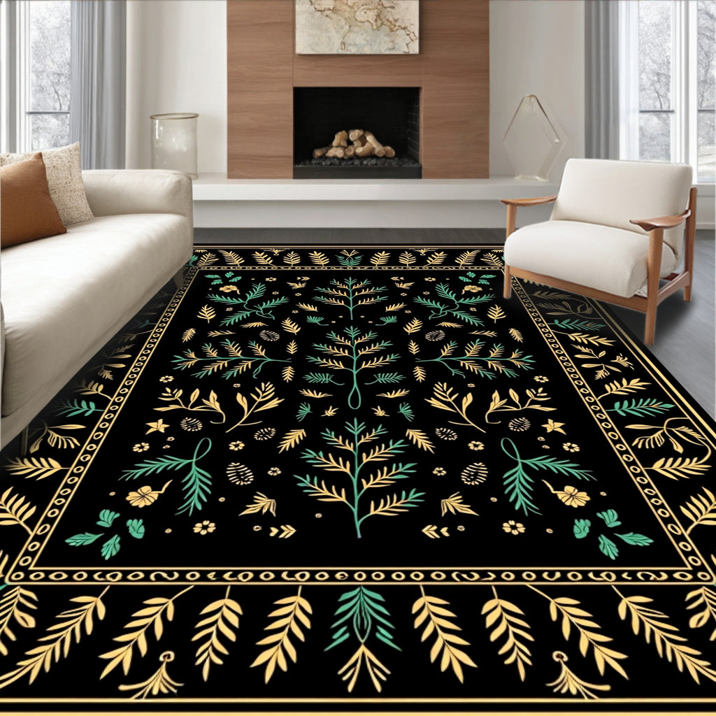 Golden Teal Branch Garden Folklore Rug