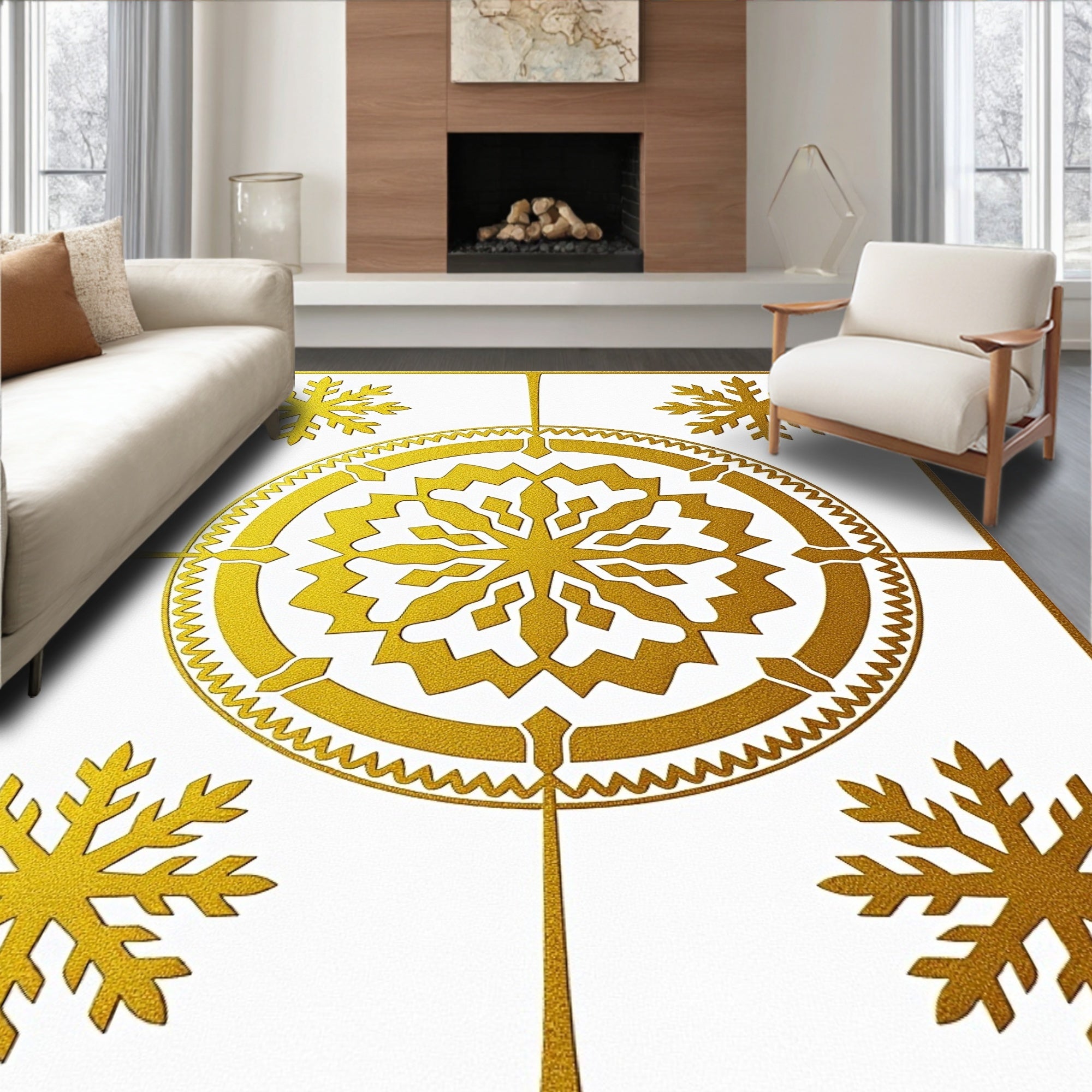 Golden Snowflake Mandala Art Rug