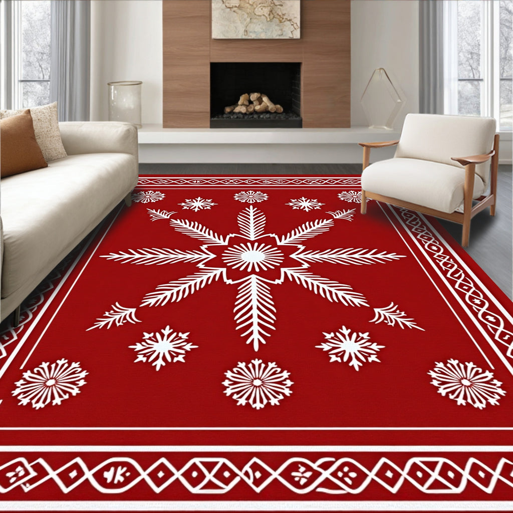 Crimson White Snowflake Starburst Rug
