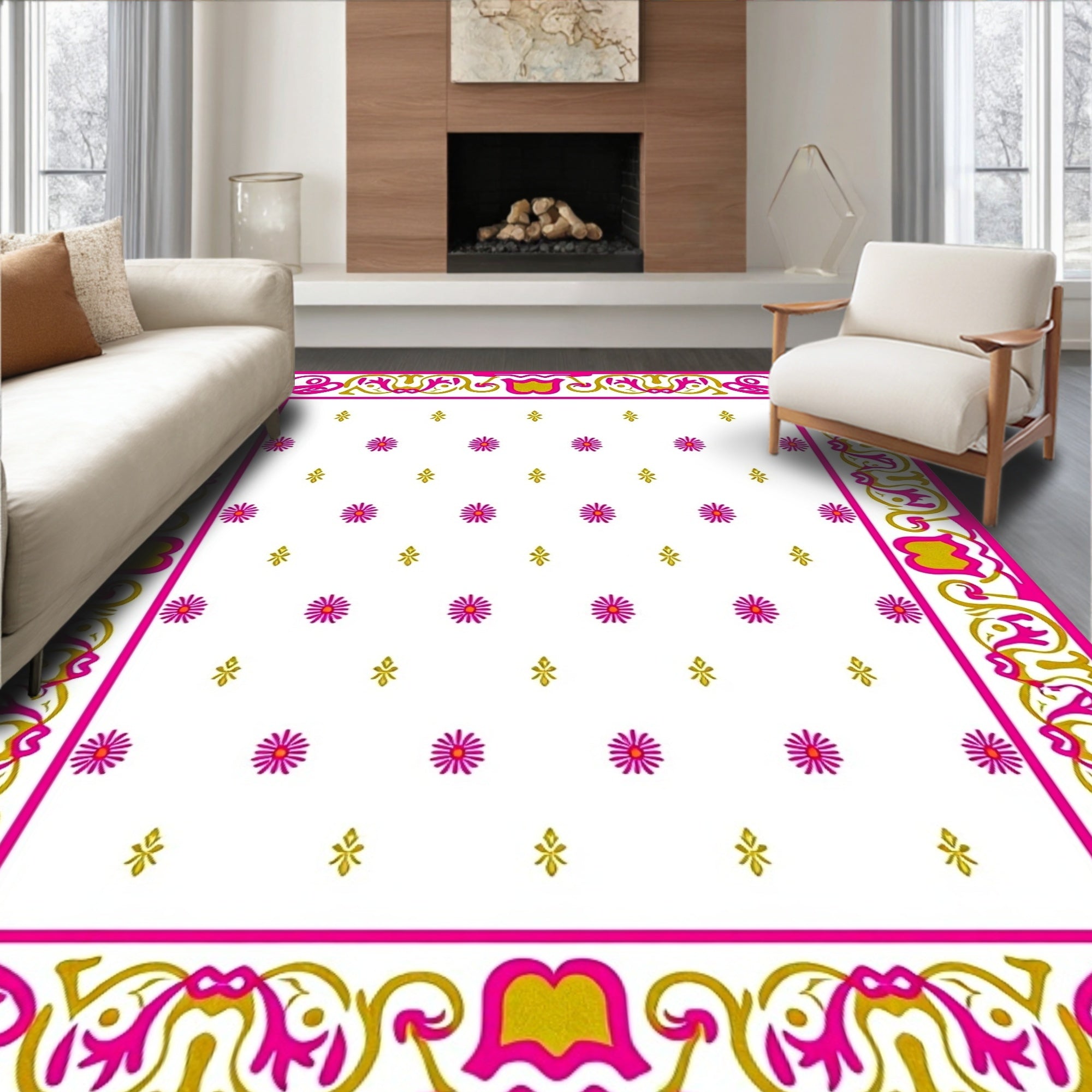 Fuchsia Gold Floral Bordered Medallion Rug
