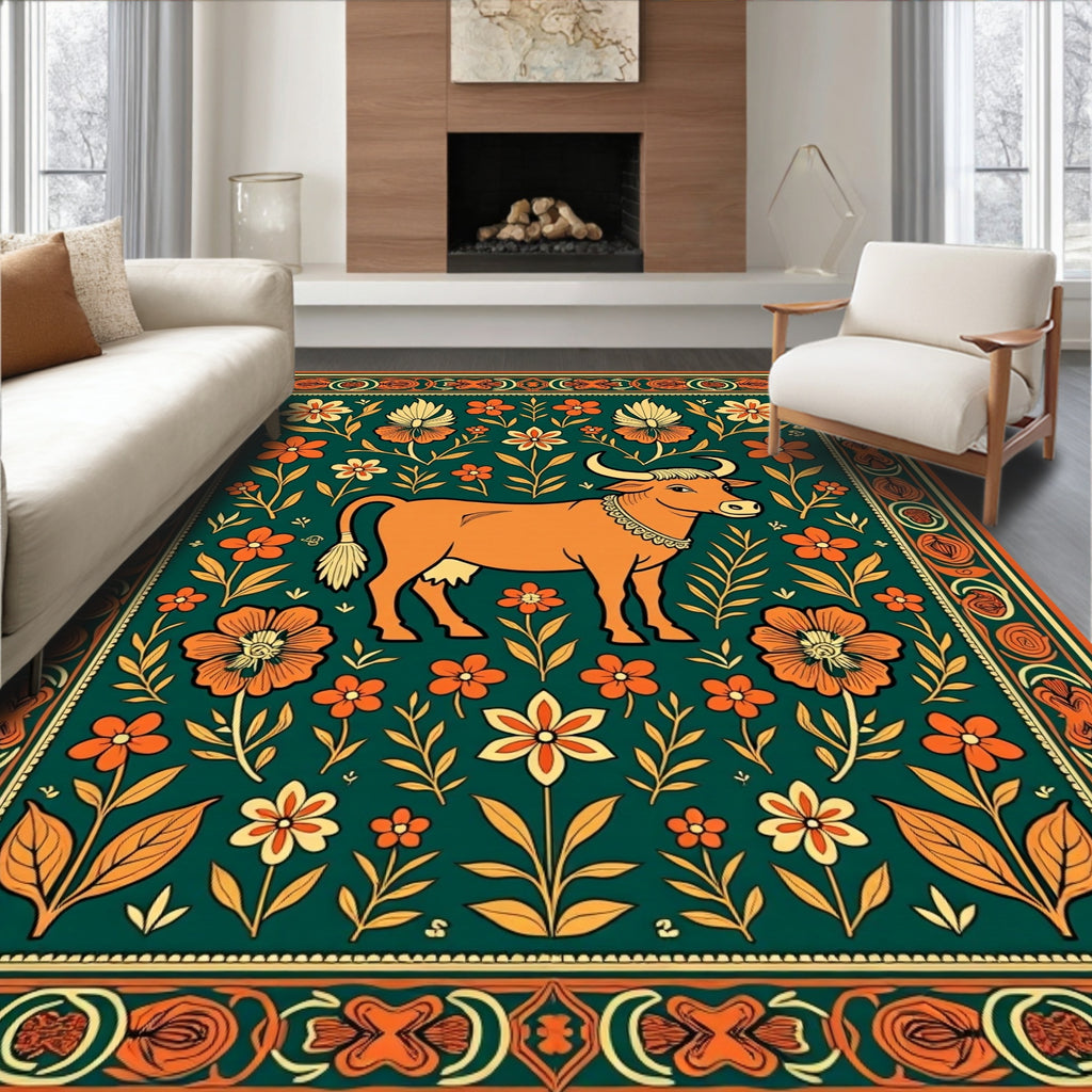 Orange Cow Floral Garden Rug
