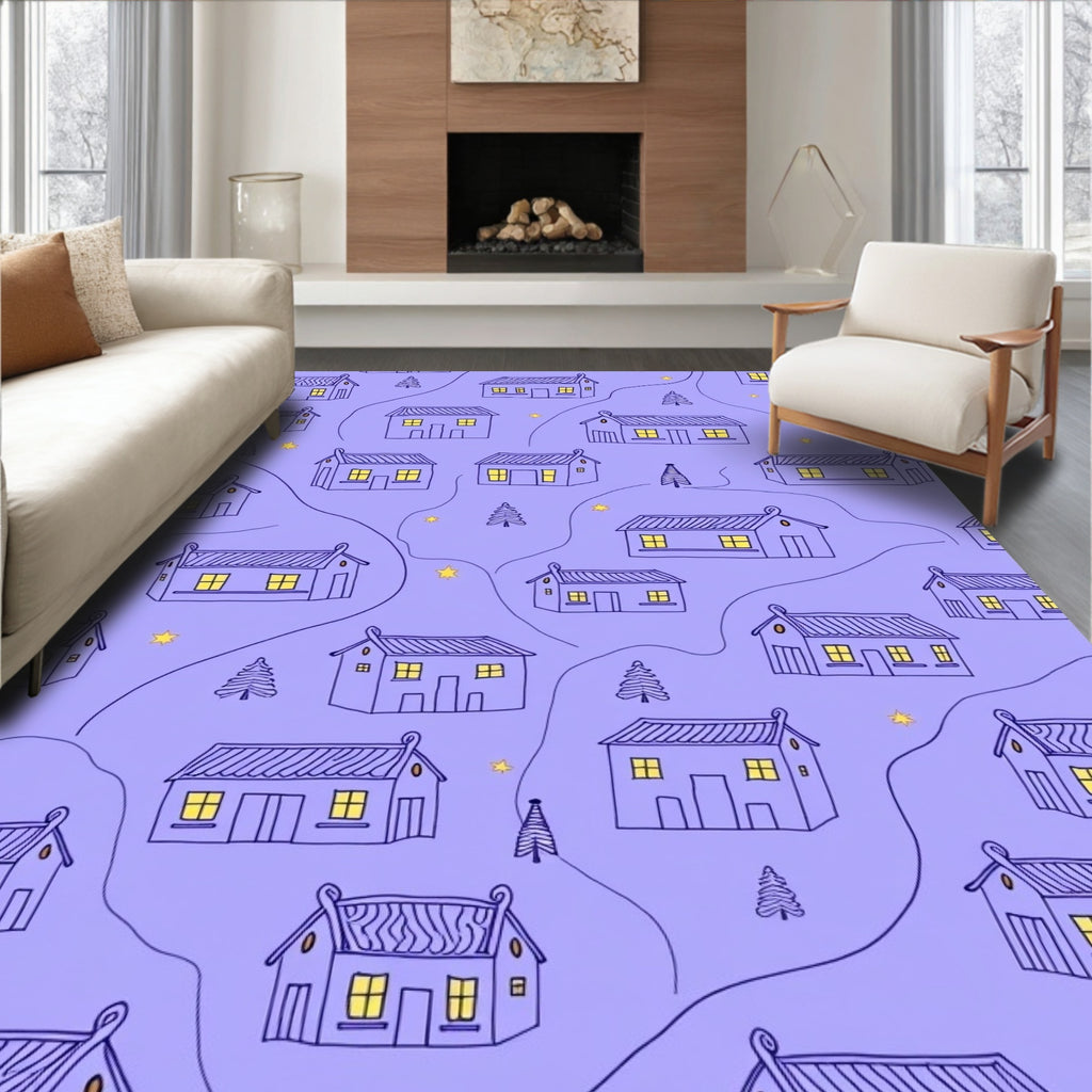Cozy Blue Houses Starry Night Rug