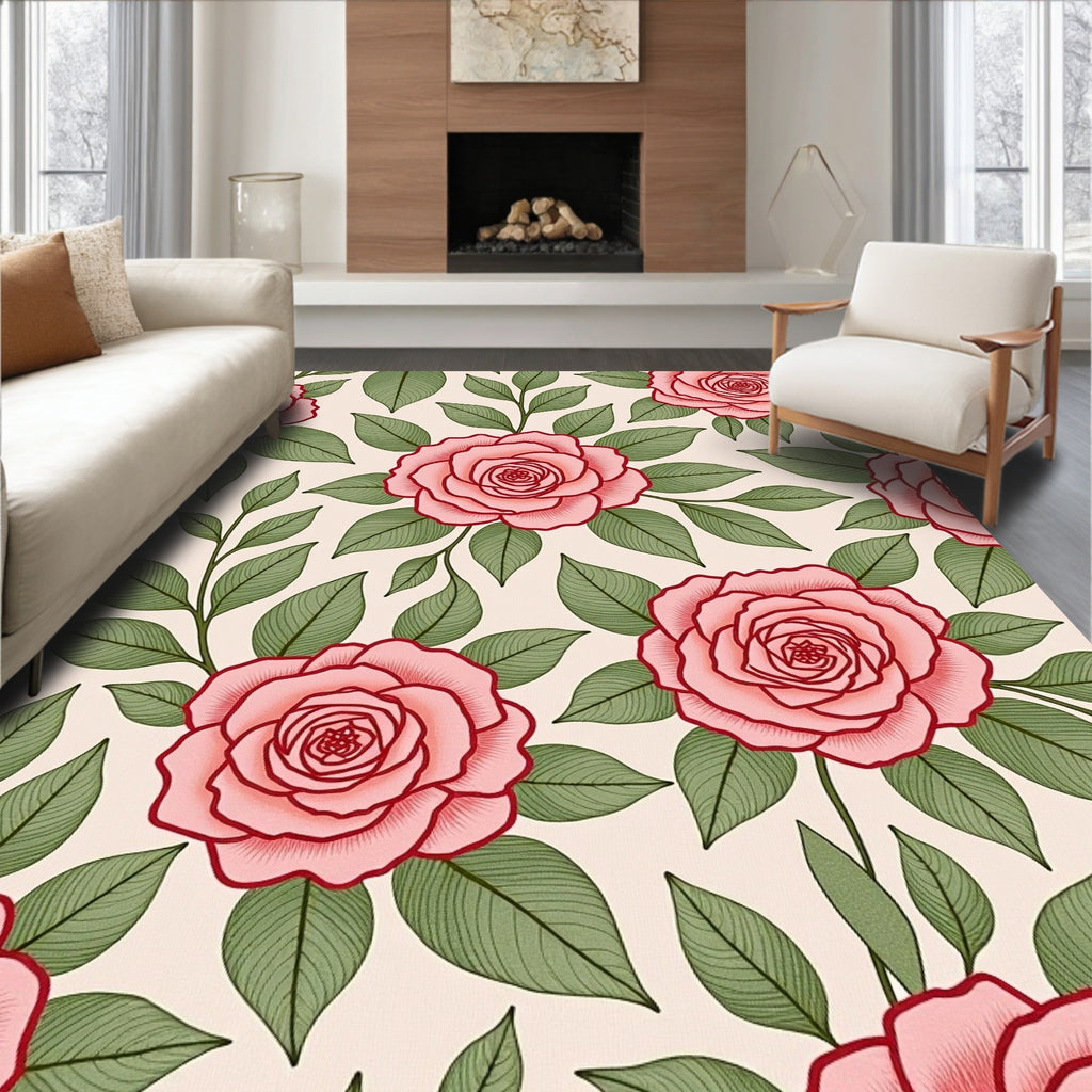 Pink Rose Garden Botanical Motif Rug