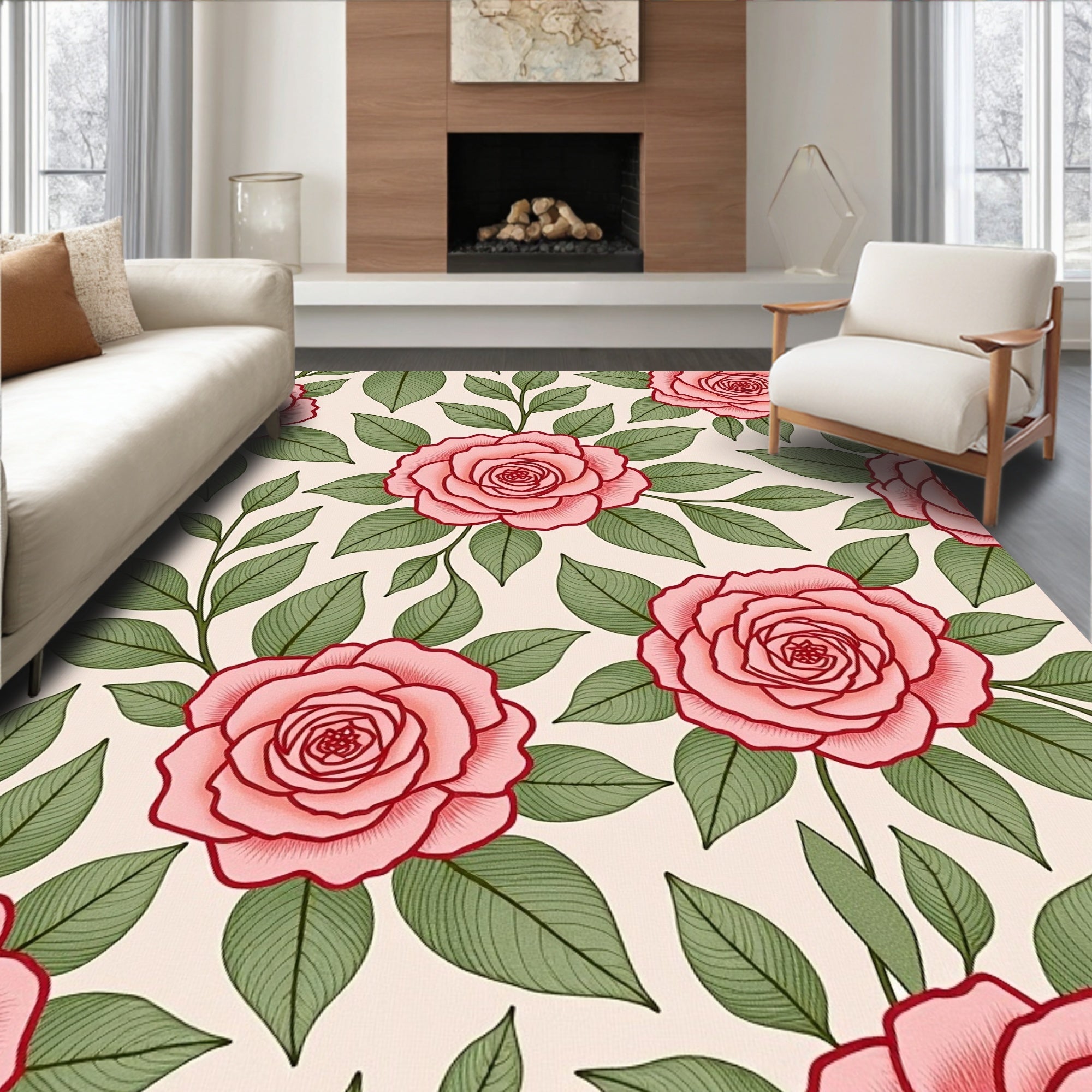 Pink Rose Garden Botanical Motif Rug