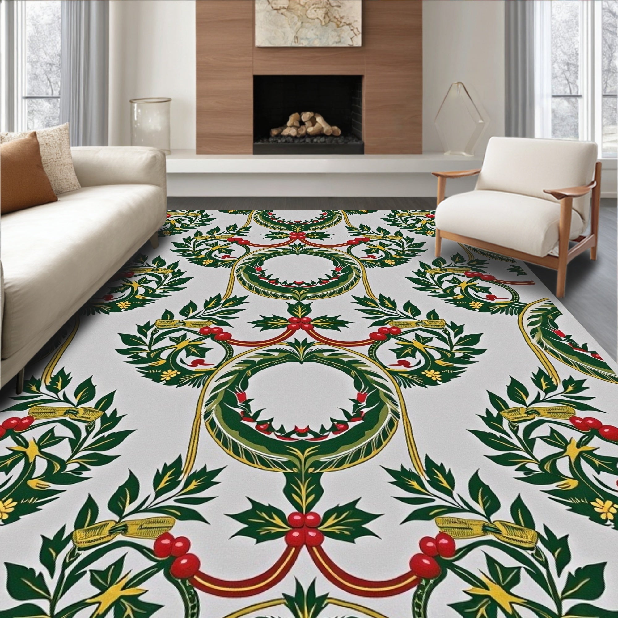 Gilded Holly Berry Wreath Border Rug