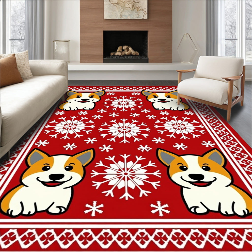 Red Corgi Snowflake Holiday Rug