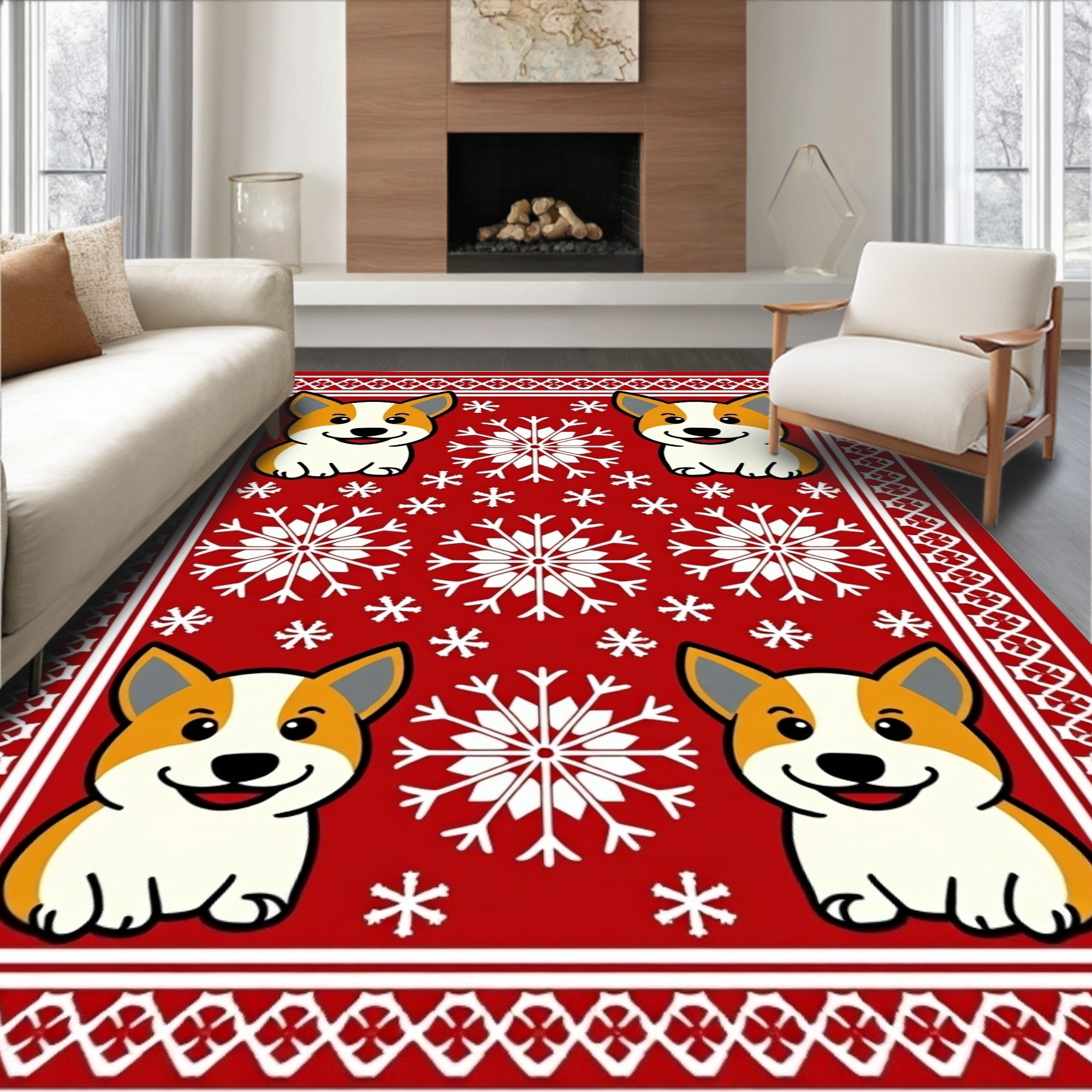 Red Corgi Snowflake Holiday Rug