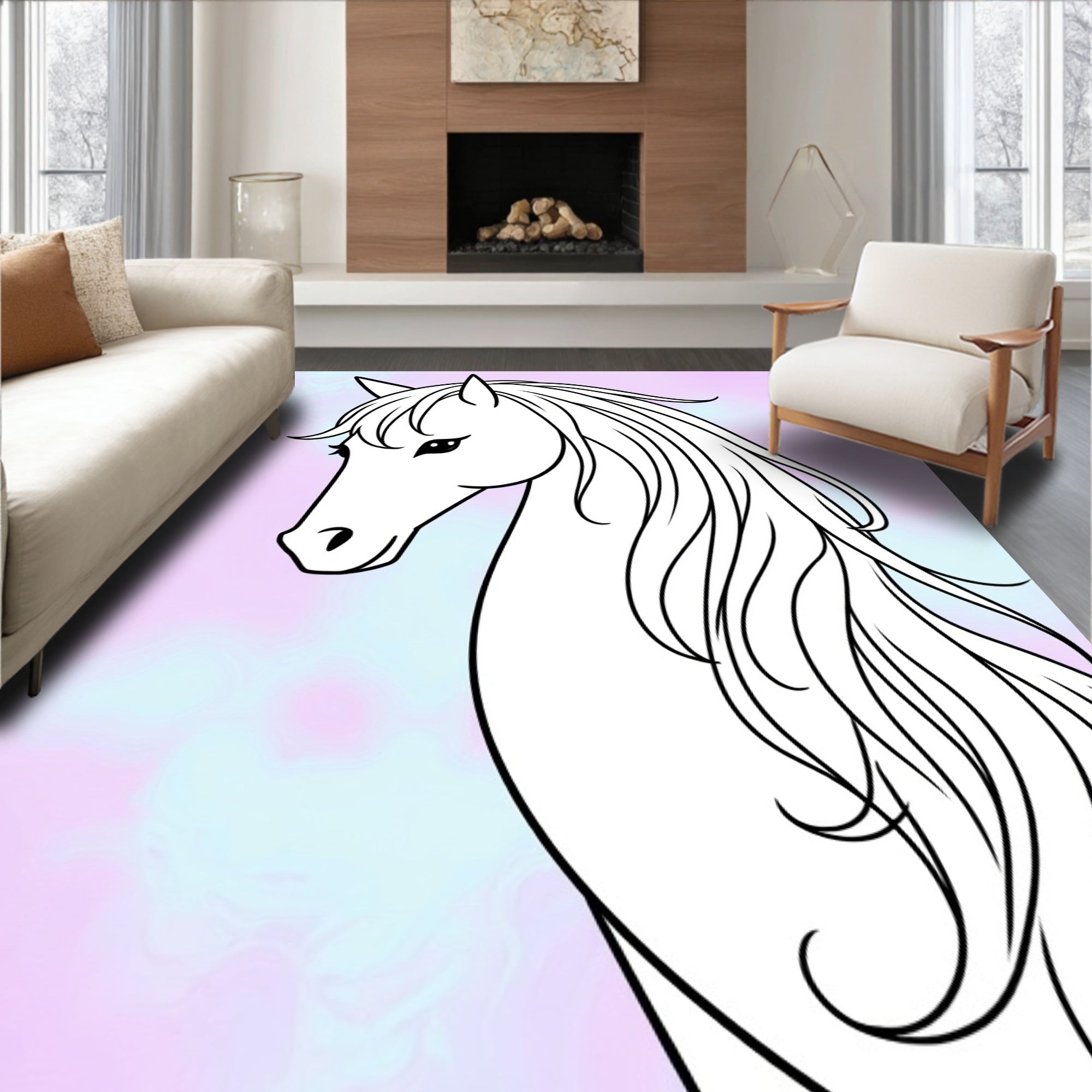 Mystical White Horse Pastel Swirl Rug