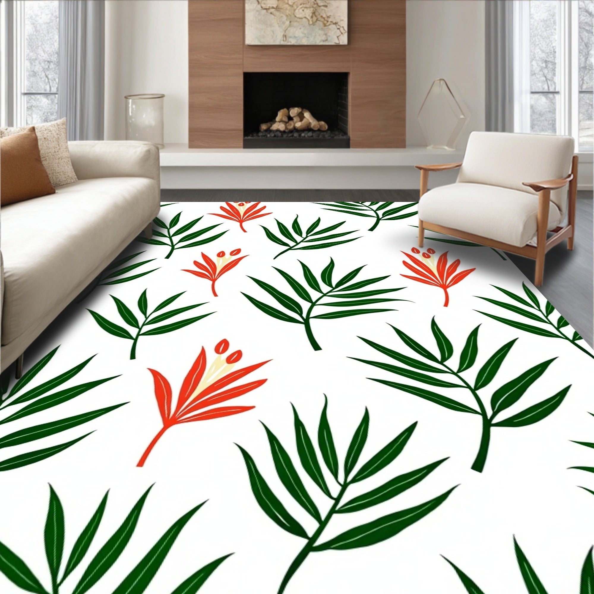 Minimalist Green Leaf Red Flower Rug