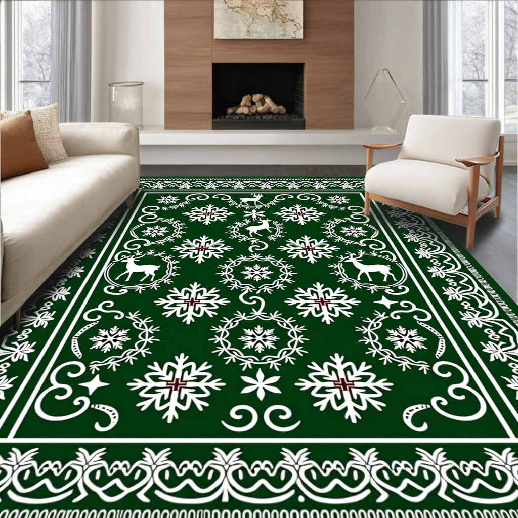 Green White Reindeer Snowflake Festive Rug