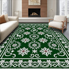 Green White Reindeer Snowflake Festive Rug