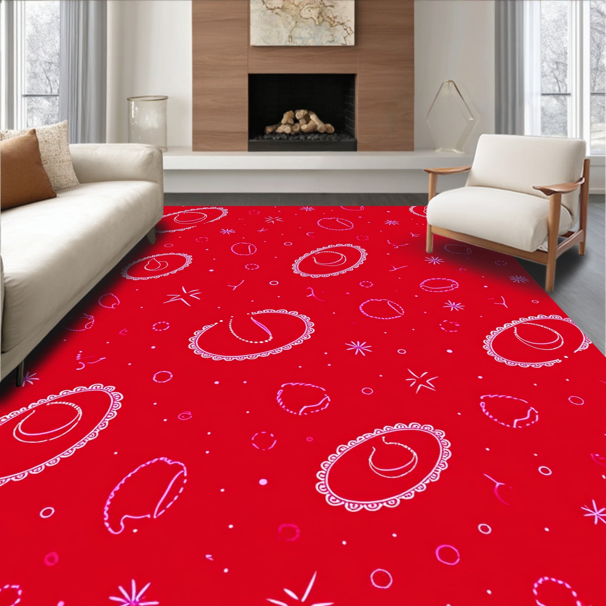 Red Oval Medallion Star burst accents Rug