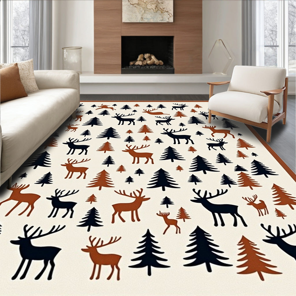 Rustic Deer and Tree Forest Scene Rug
