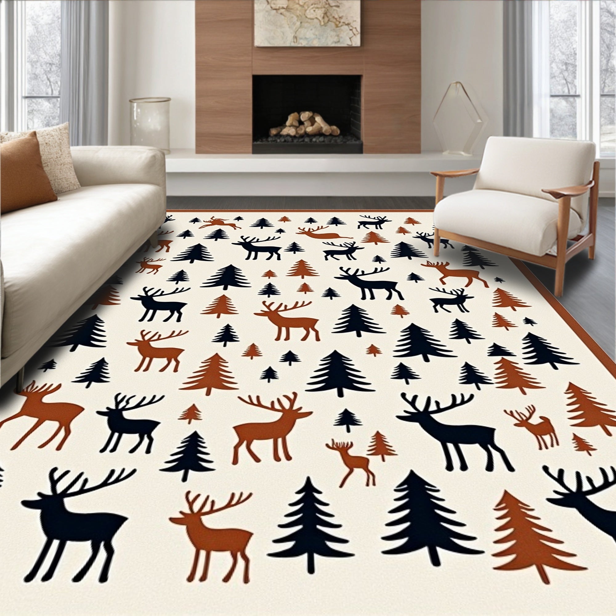 Rustic Deer and Tree Forest Scene Rug