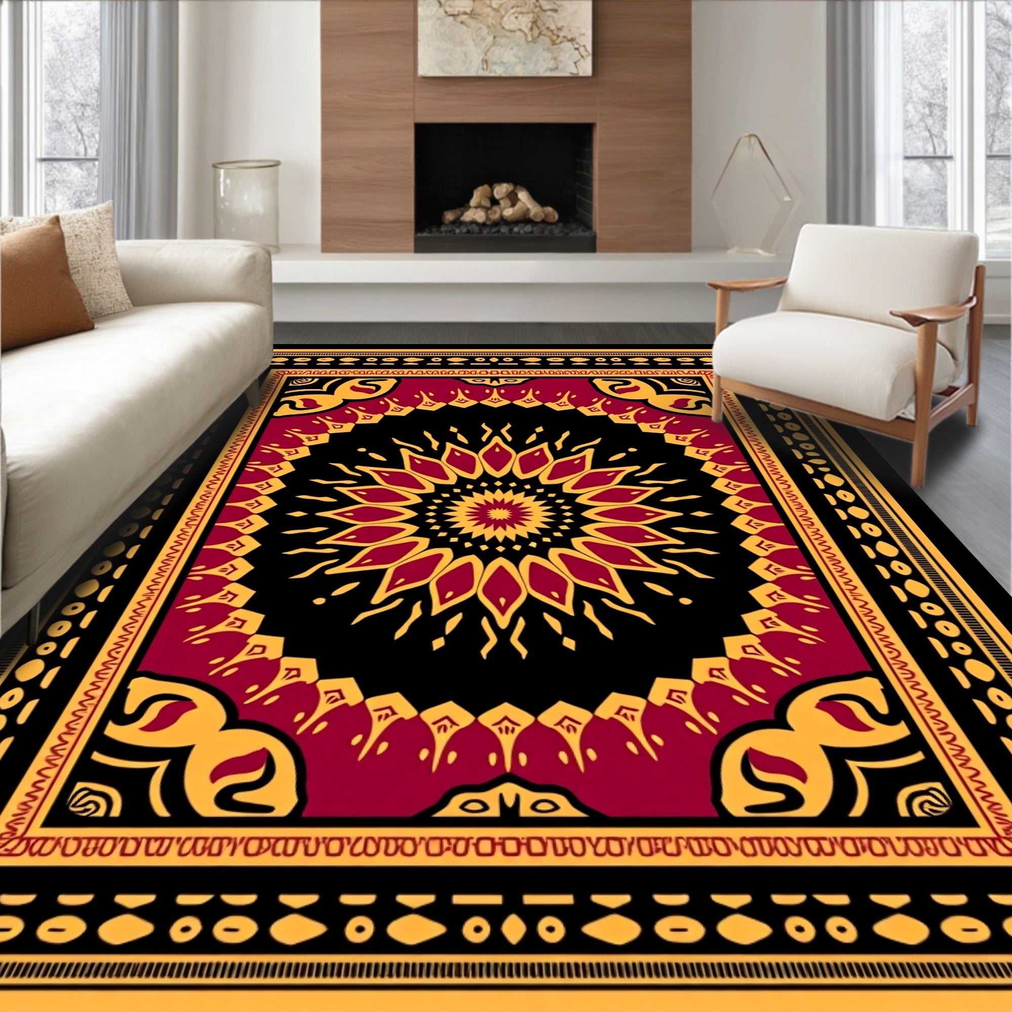 Deep Red Golden Floral Medallion Rug