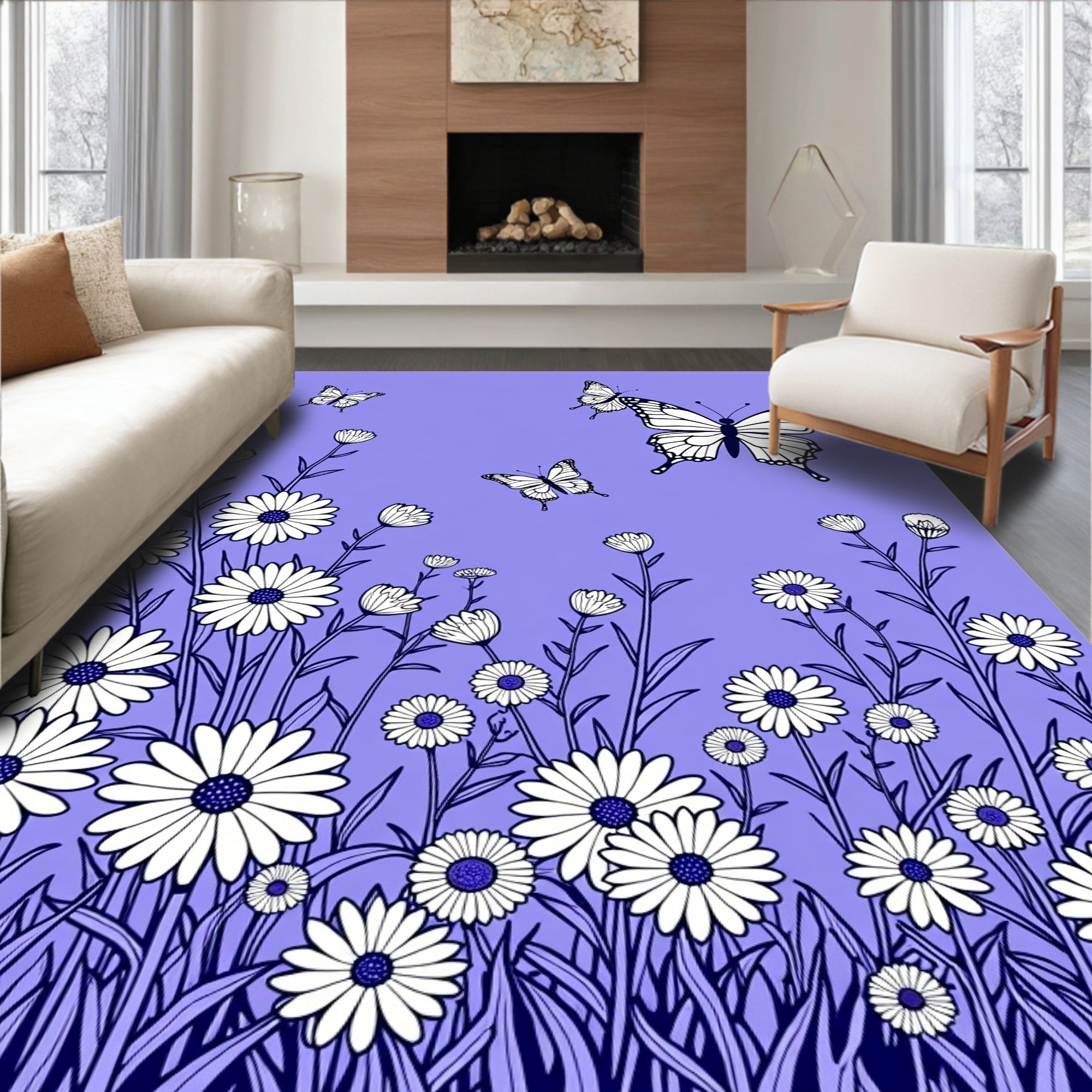 Whimsical Butterflies and Daisies Meadow Rug