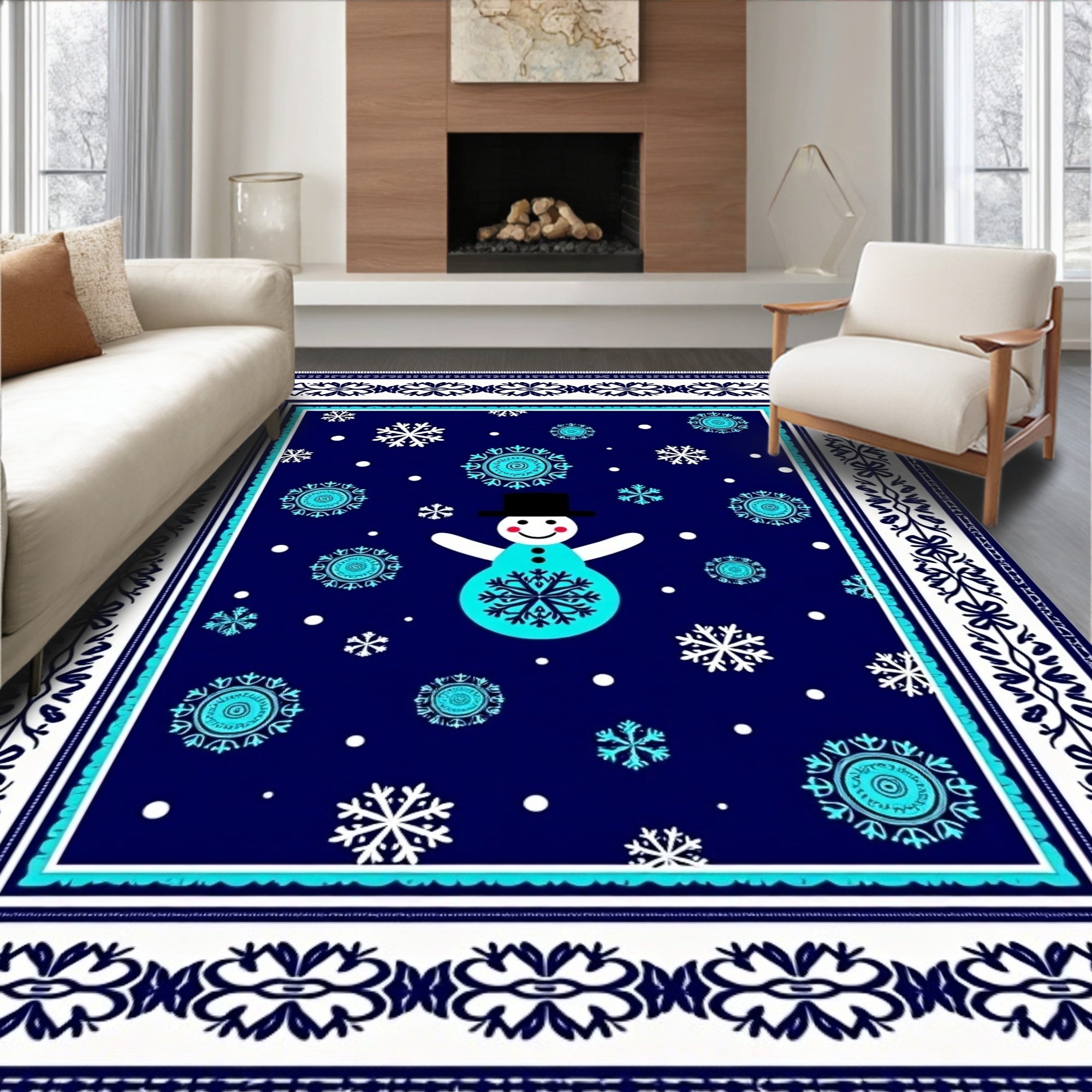 Snowman Snowflake Navy Blue Border Rug
