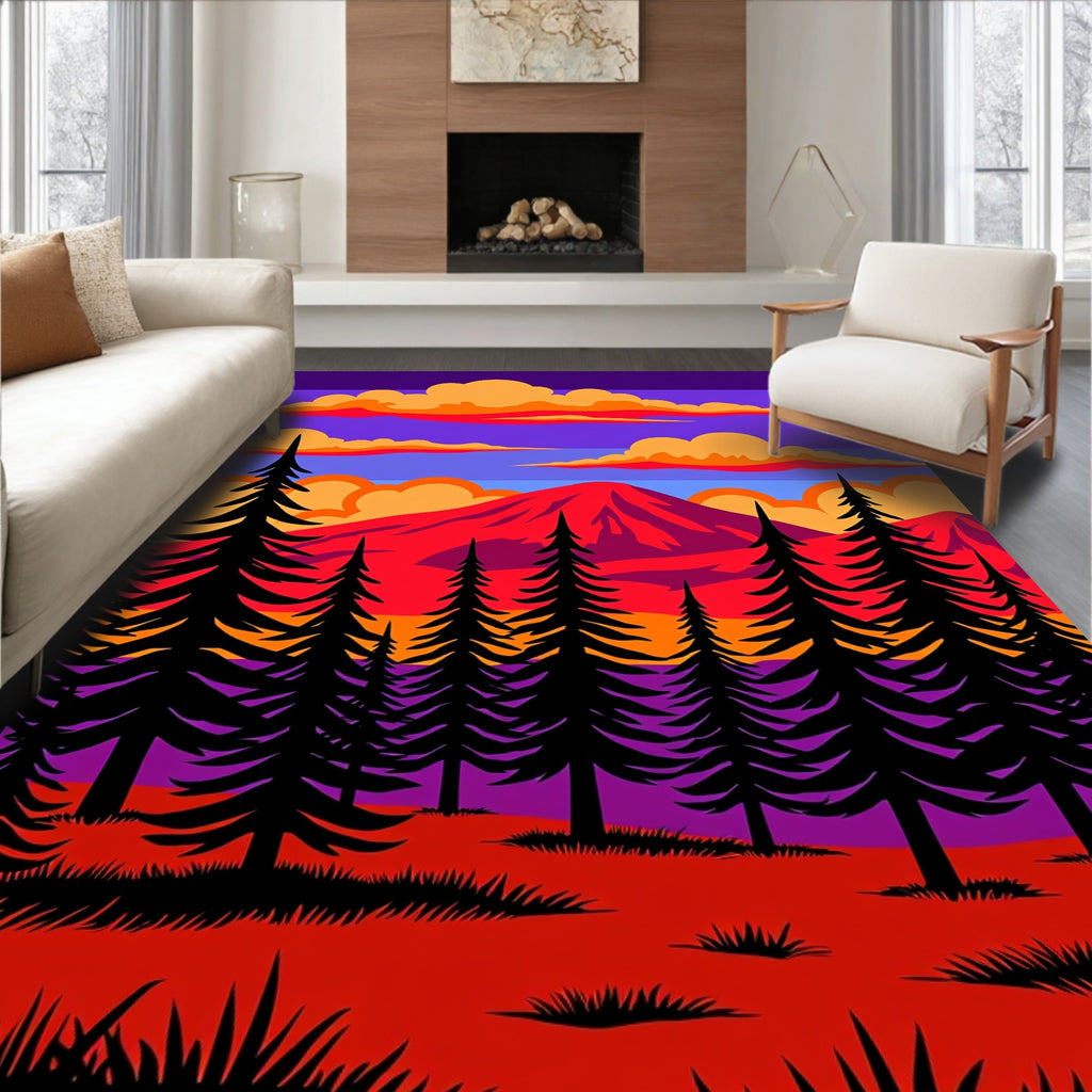 Vibrant Forest Mountain Sunset Landscape Rug