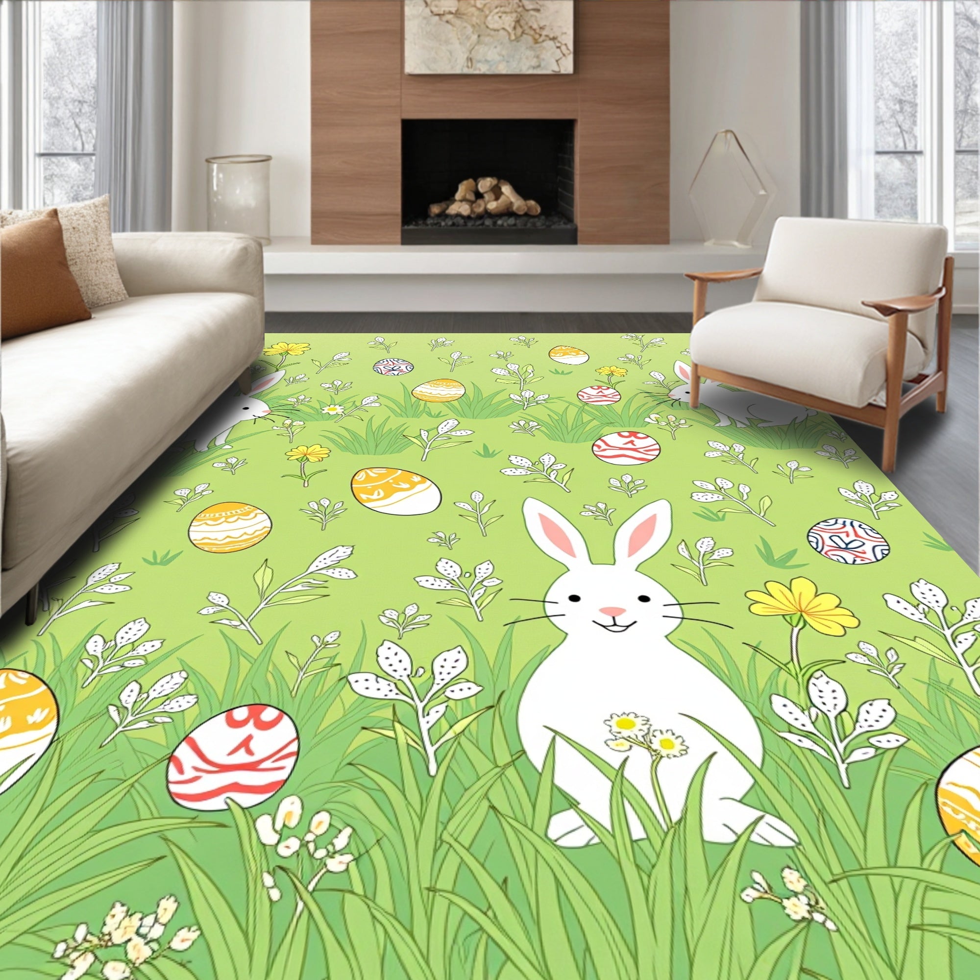 Whimsical White Bunnies Yellow Eggs Meadow Rug