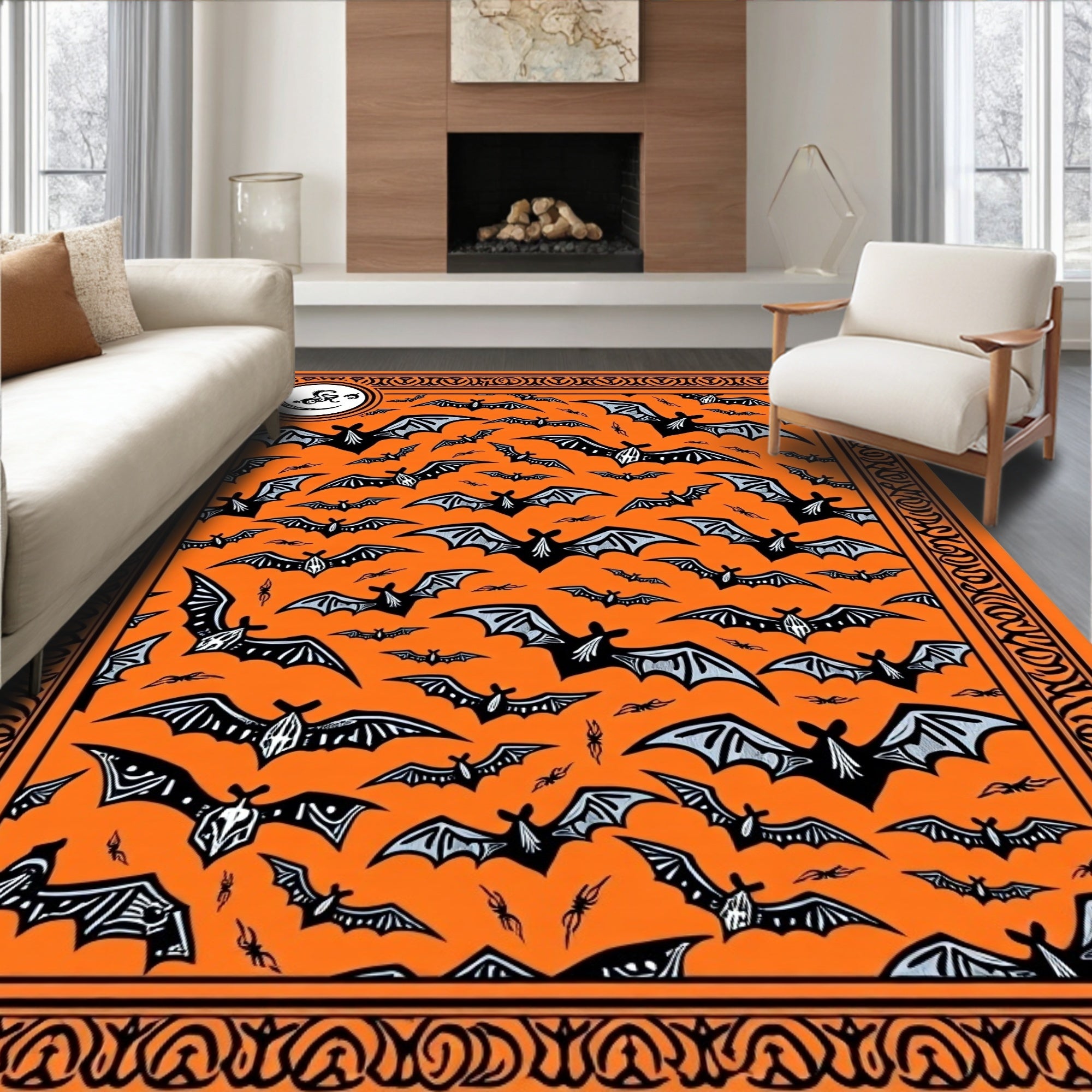 Halloween Orange Black Flying Bats Rug