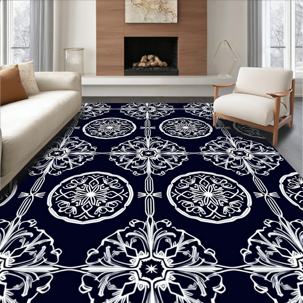 Ornate White Filigree Dark Navy Rug
