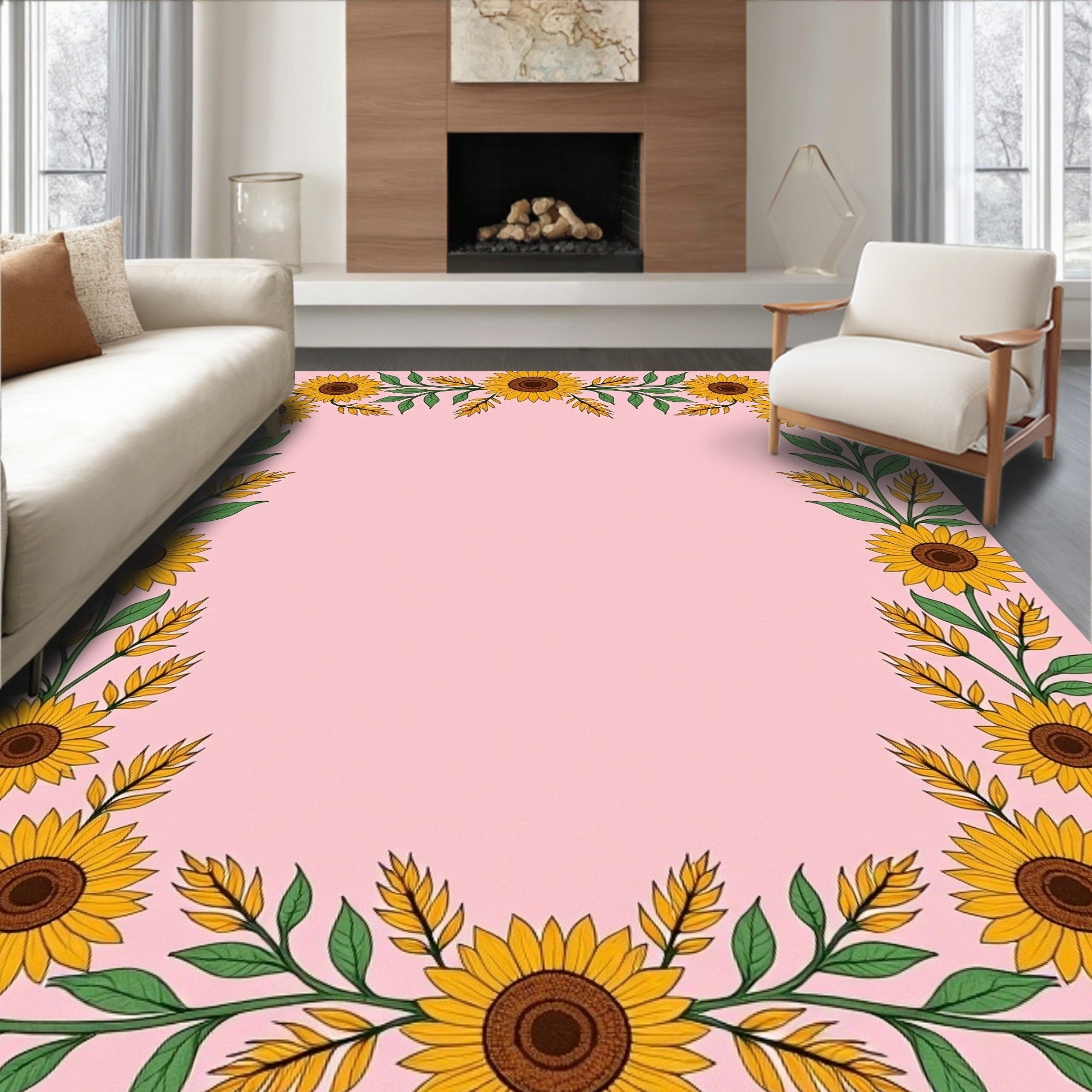 Whimsical Yellow Sunflower Vine Pink Rug