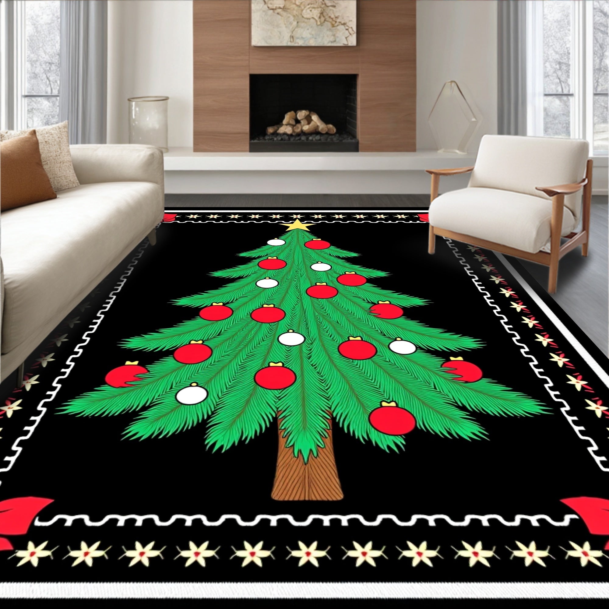 Festive Green Christmas Tree Red Orbs Rug