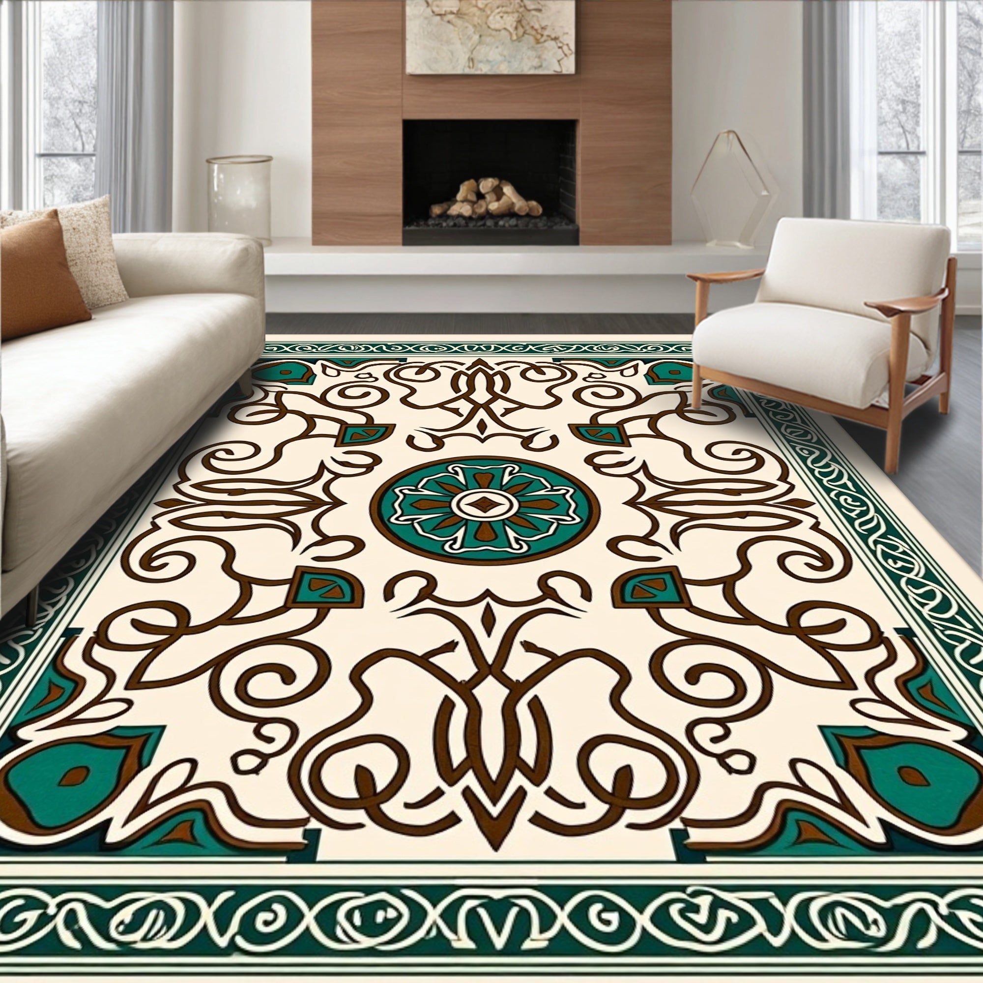Emerald Brown Ivory Scroll Medallion Rug